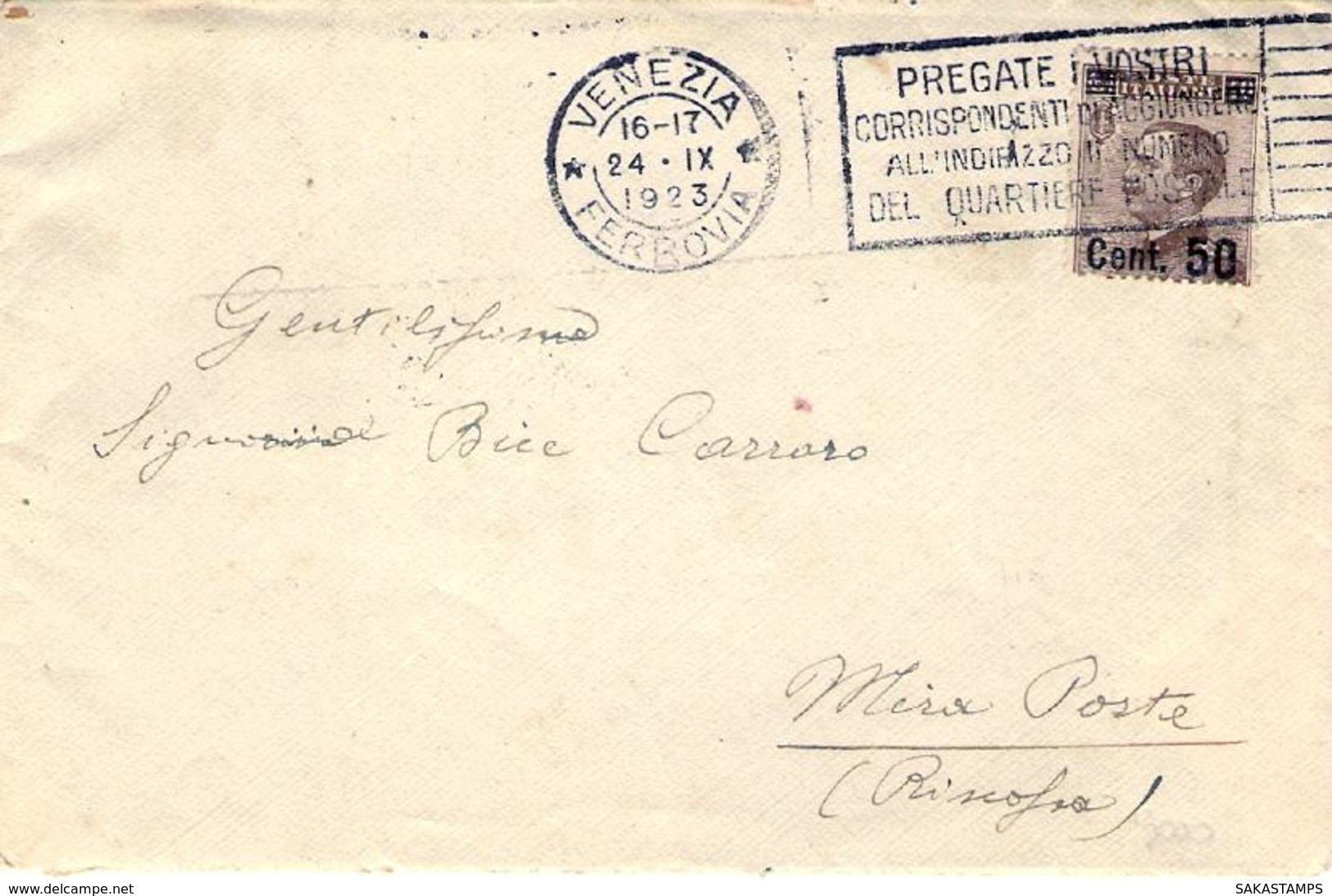 1923-busta Affrancata 50c. Su 40c. Bruno Michetti Isolato - Storia Postale