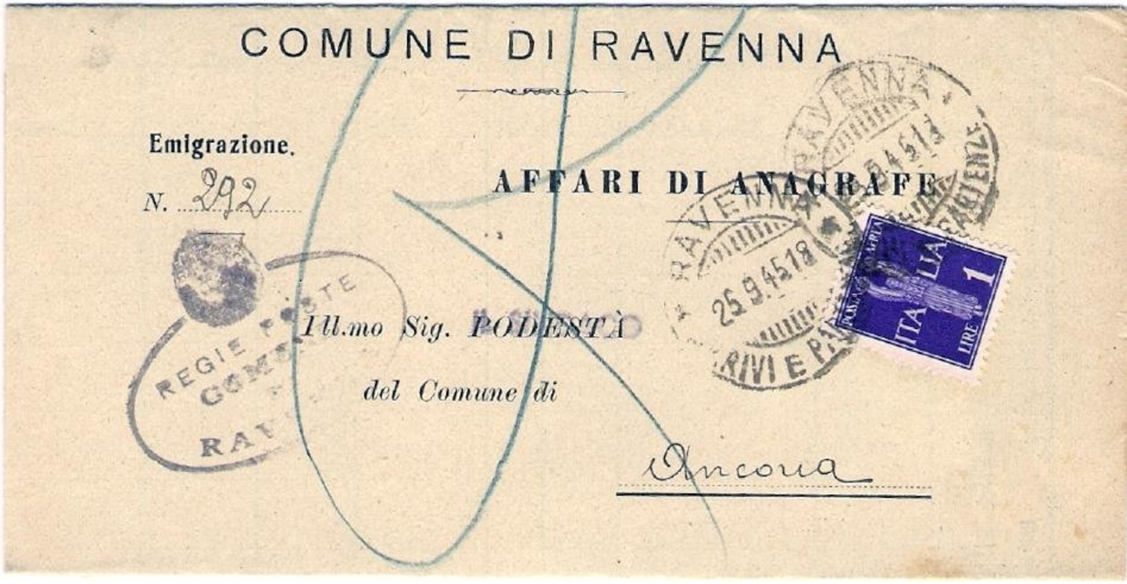 1945-piego Comunale Da Ravenna Affrancato Posta Aerea L.1 Imperiale - Storia Postale