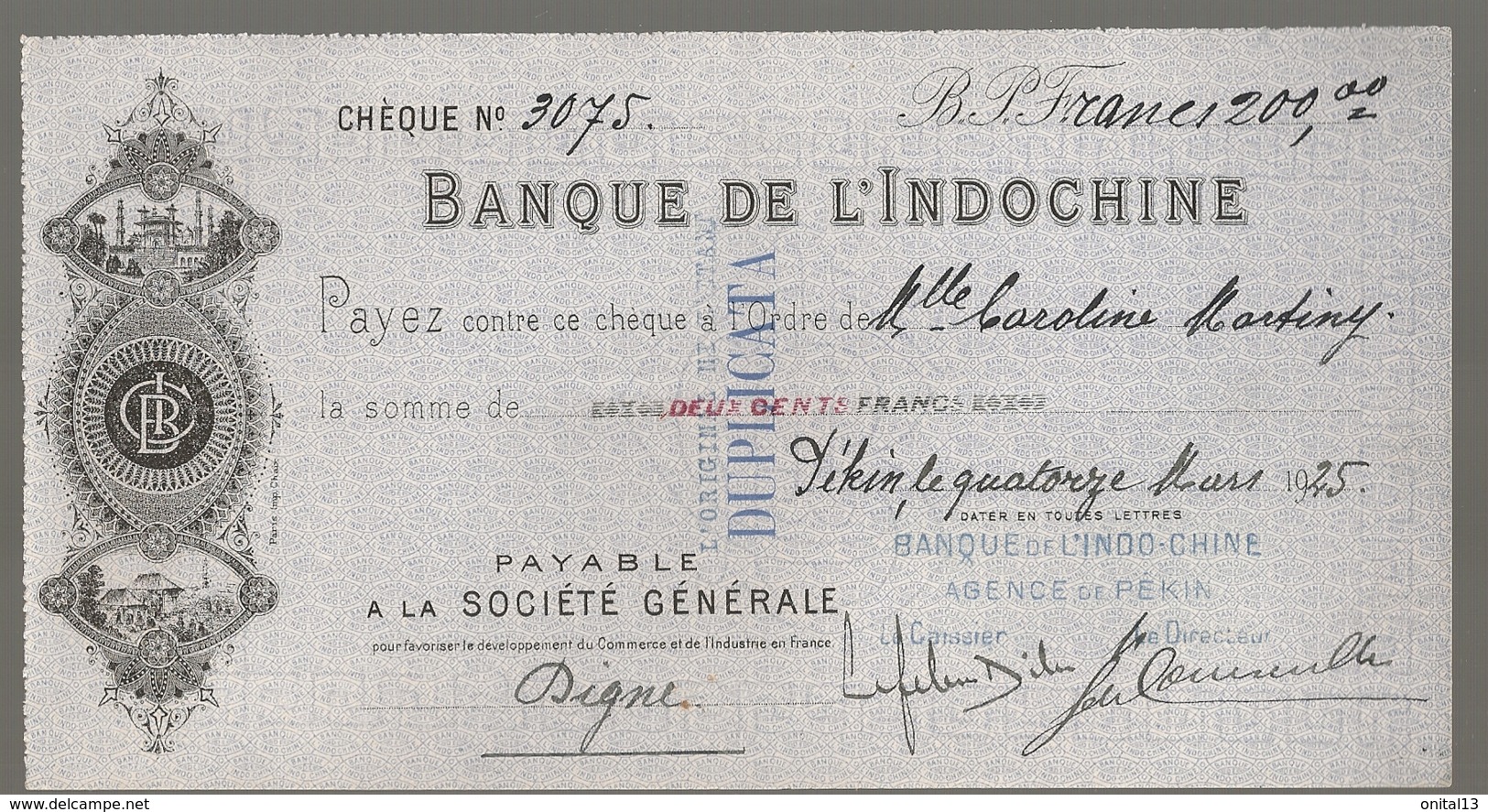 1927 CHECK / CHEQUE DE LA BANQUE DE L'INDOCHINE INDO-CHINE AGENCE DE PEKIN PEIKING BEIJING E28 4 - Cheques En Traveller's Cheques