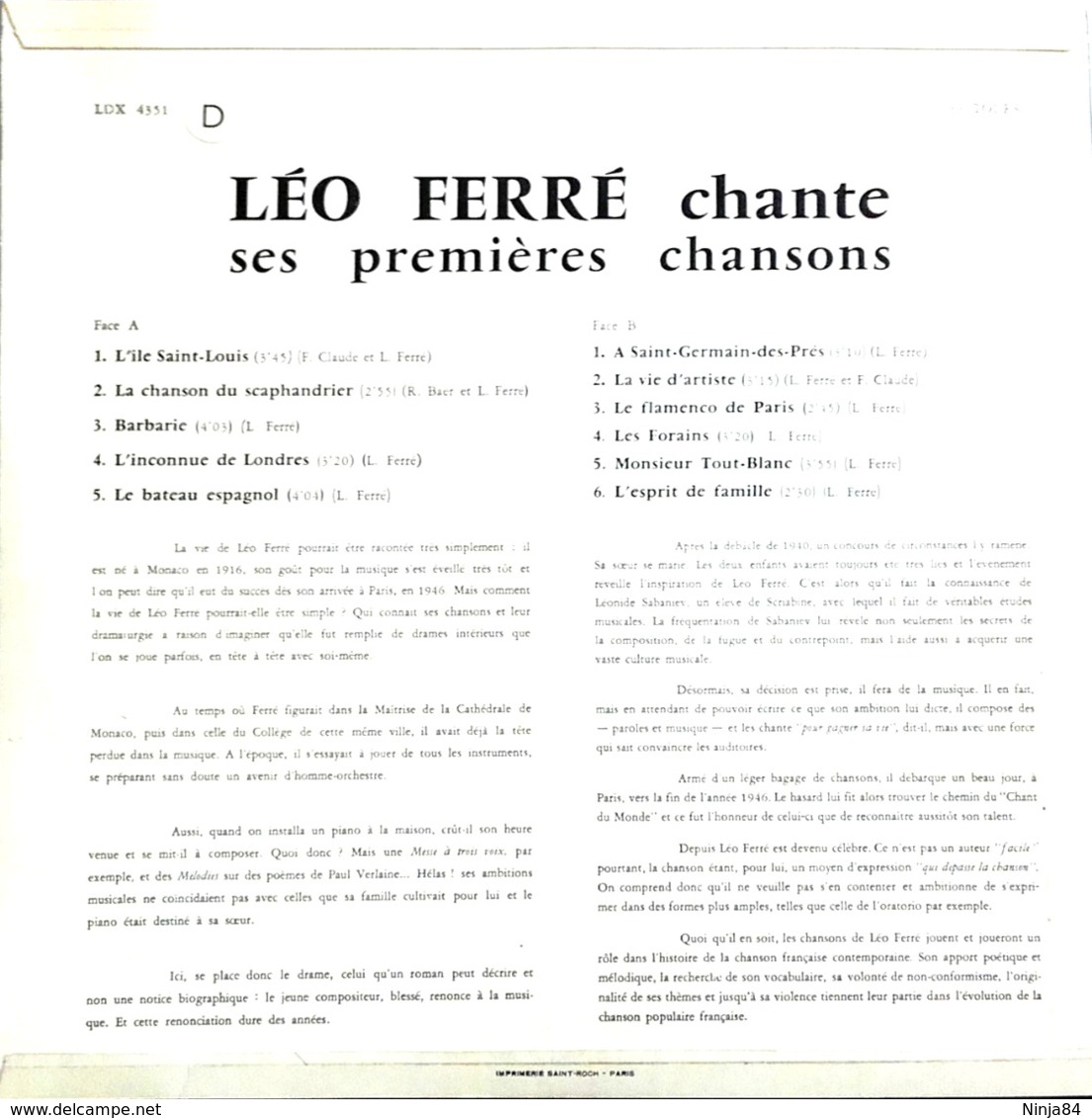 LP 33 RPM (12")  Léo Ferré  "  Chante Ses Premières Chansons  " - Other - French Music