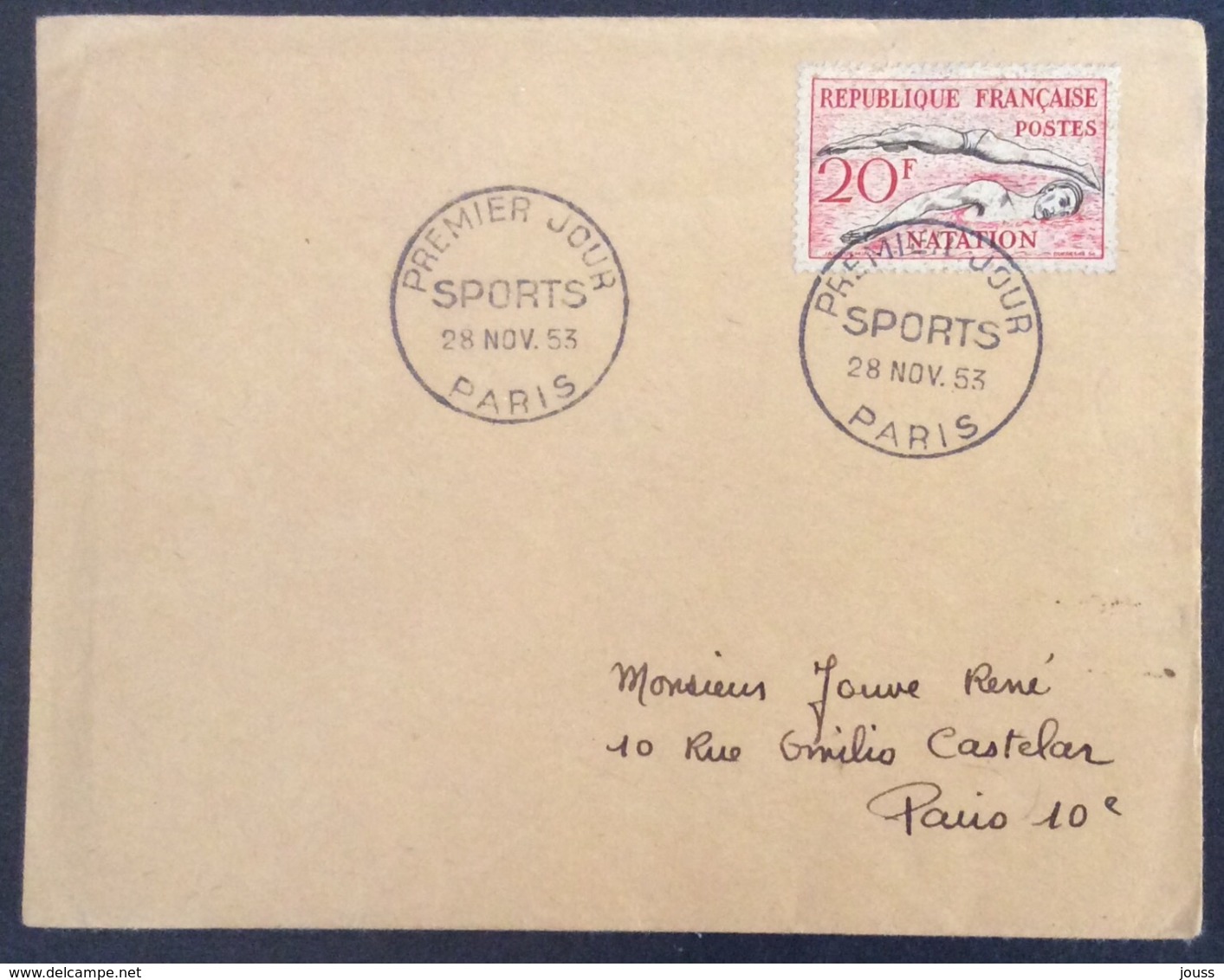 63- Natation Sports 960 FDC PremierJour Paris 28/11/1953 Lettre - 1950-1959