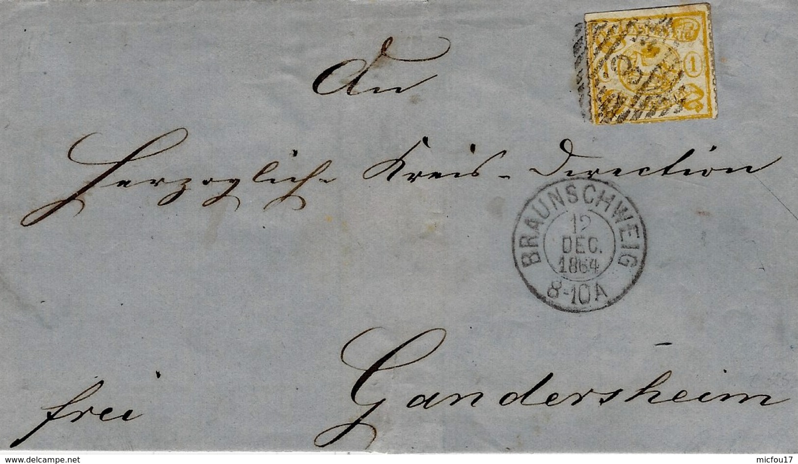 1864- Cover Fr. N° 14 Yellow  Cancelled 8 To Gandersheim - Braunschweig