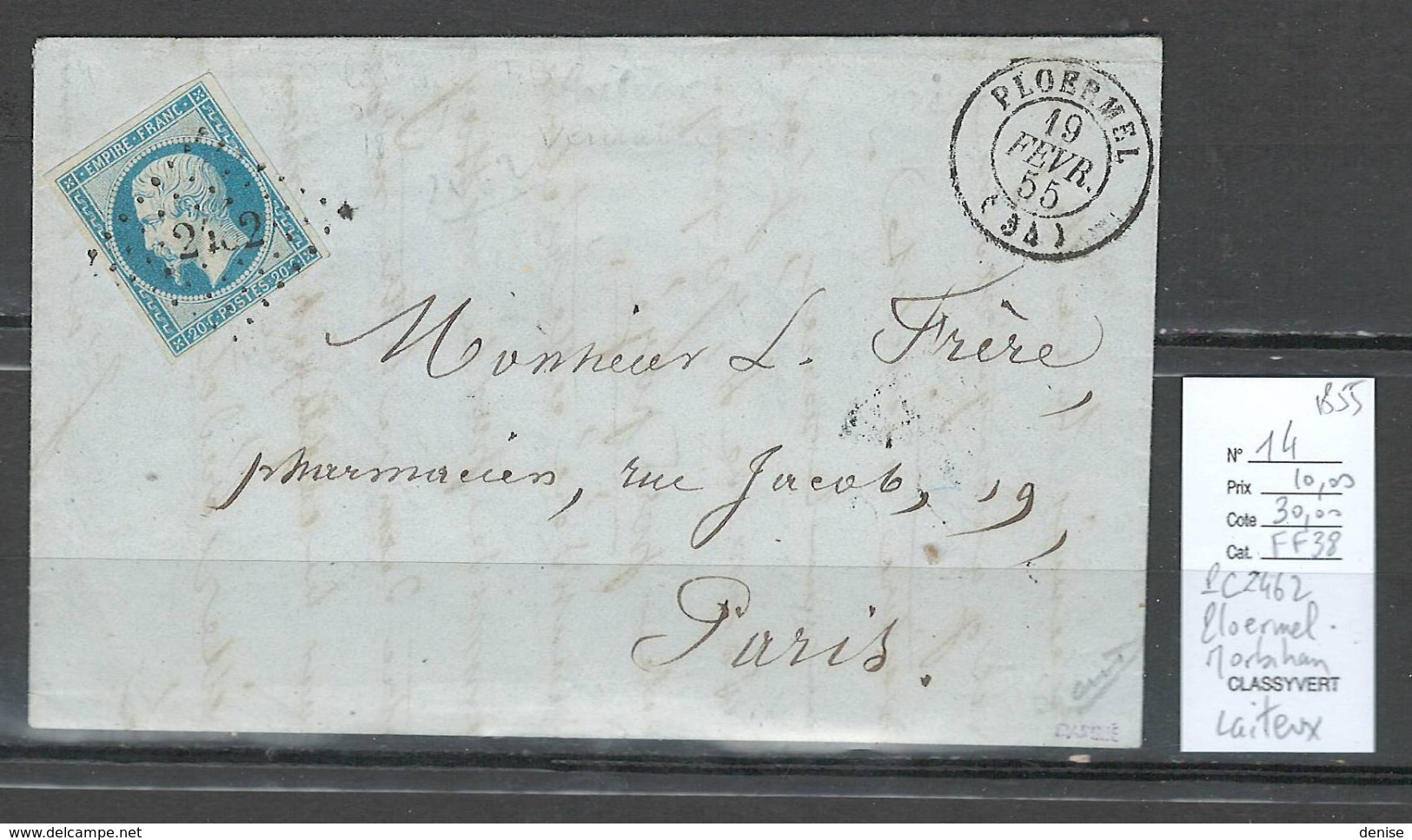 France -Lettre - Yvert 14A  - Bleu Laiteux - Ploermel - Morbihan - PC 2462 - 1853-1860 Napoléon III