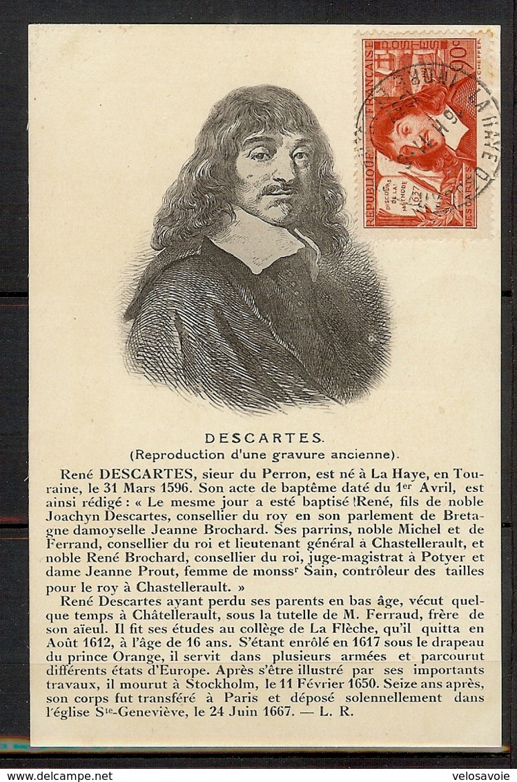 N° 342 DISCOURS DE LA METHODE OBLITERE LA HAYE DESCARTES DU 11/06/37 SUR CARTE MAXIMUM - 1930-1939