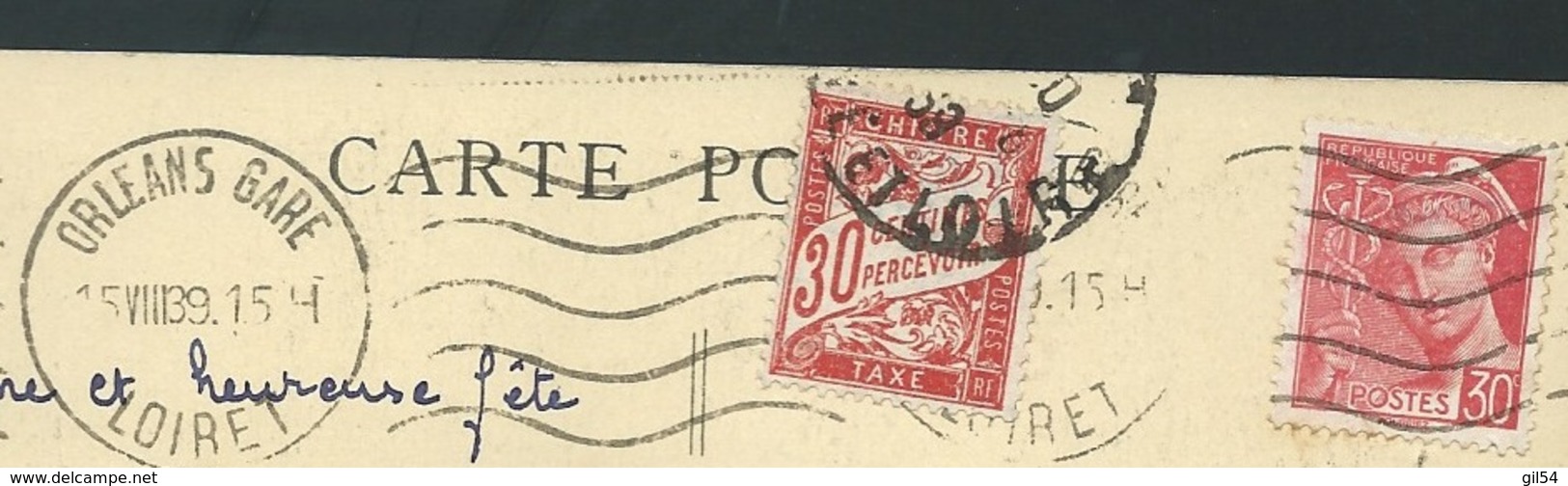 Cpa " Orléans Hotel De Ville " Taxée Par Type Duval 30 Cents En Aout  1939  - Raa 3611 - 1938-42 Mercure