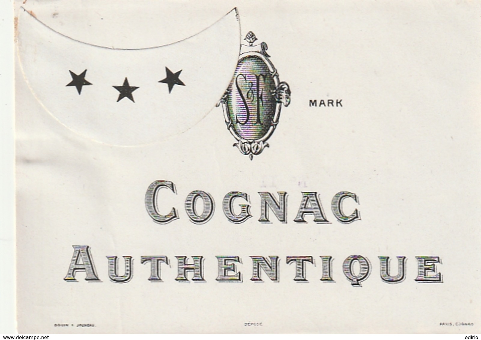 **  étiquette ***   COGNAC AUTHENTIQUE    - 1910/1930 Peut être Avant (3 étoiles Par Point Colle) - Bordeaux