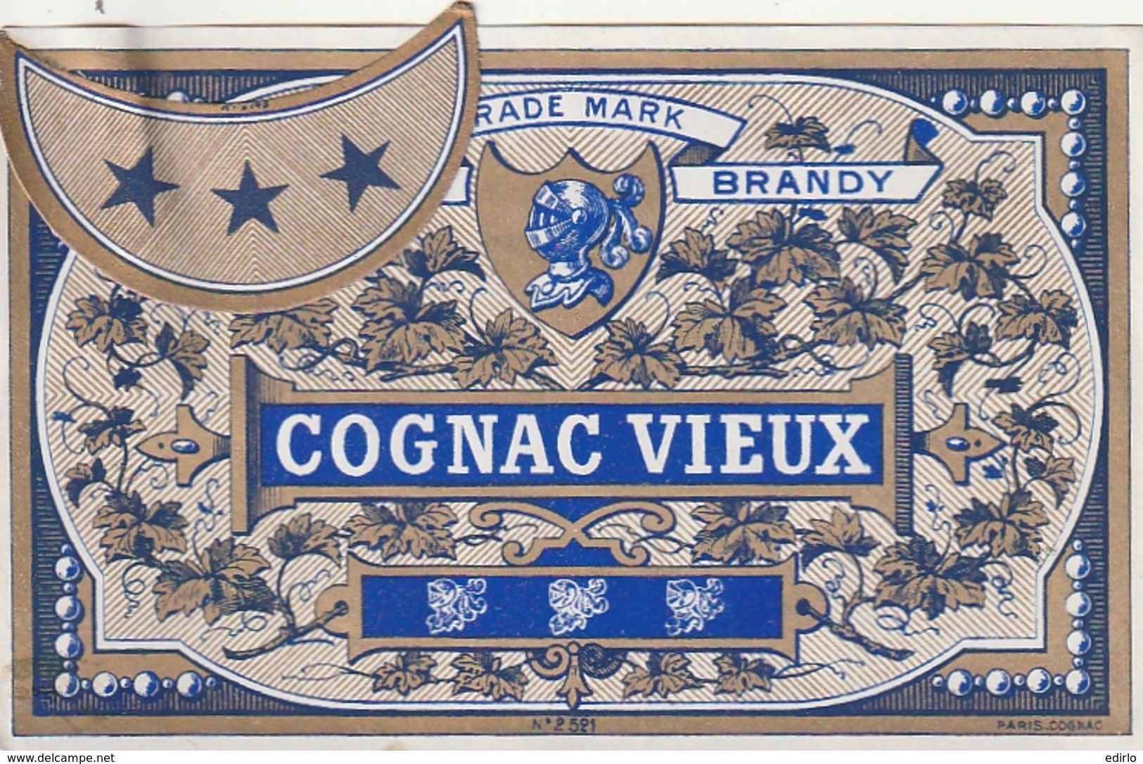 **  étiquette ***   COGNAC VIEUX  - 1910/1940 Peut être Avant (3 étoiles Par Point Colle) - Bordeaux