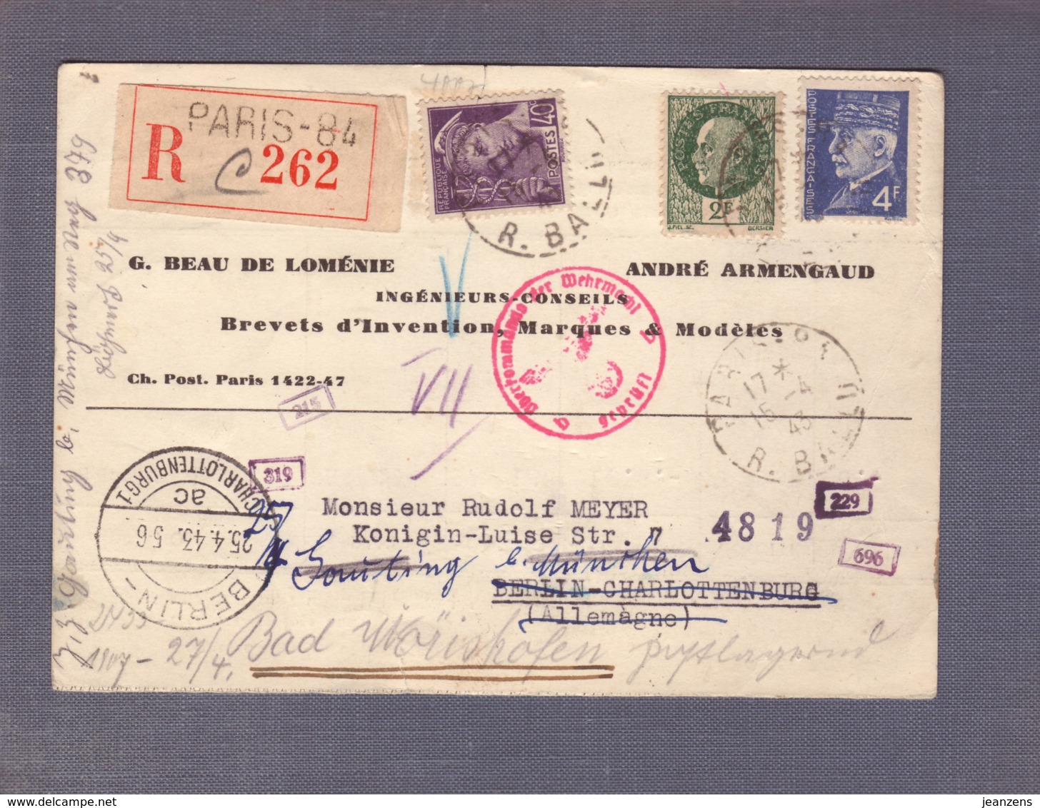 C.P. Reco 262"Ingénieurs-conseils" Obl. Paris 84 - 15.04.1943- Zensur/Censored/Censure E+b Combinaison Pas Courante! - WW II