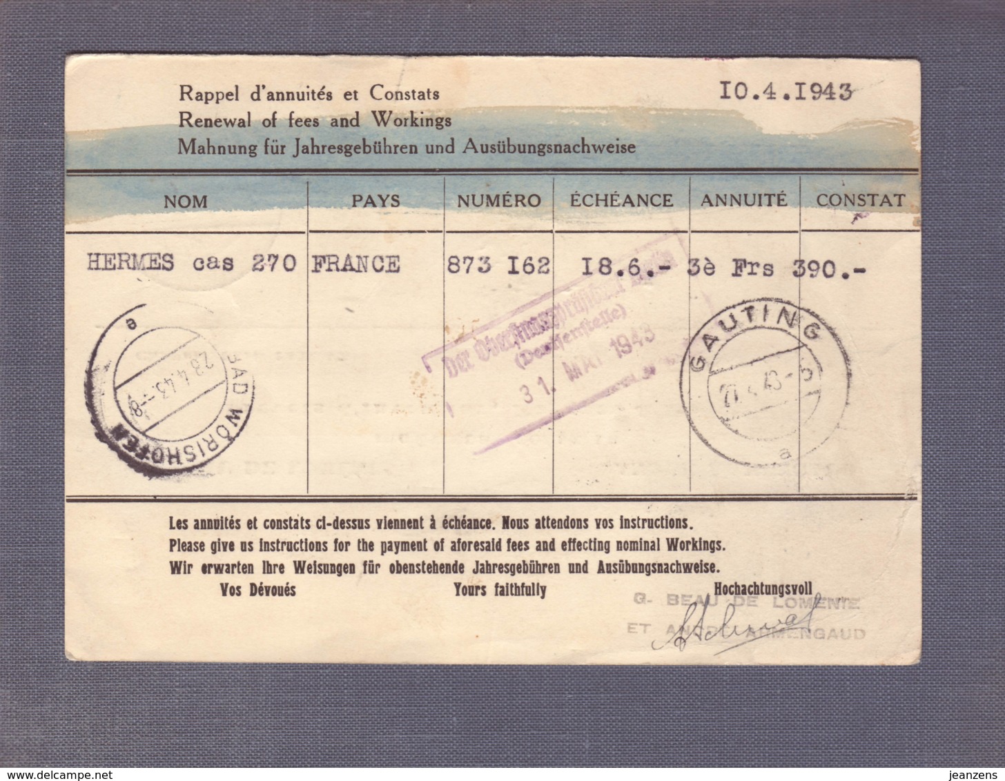 C.P. Reco 262"Ingénieurs-conseils" Obl. Paris 84 - 15.04.1943- Zensur/Censored/Censure E+b Combinaison Pas Courante! - WW II