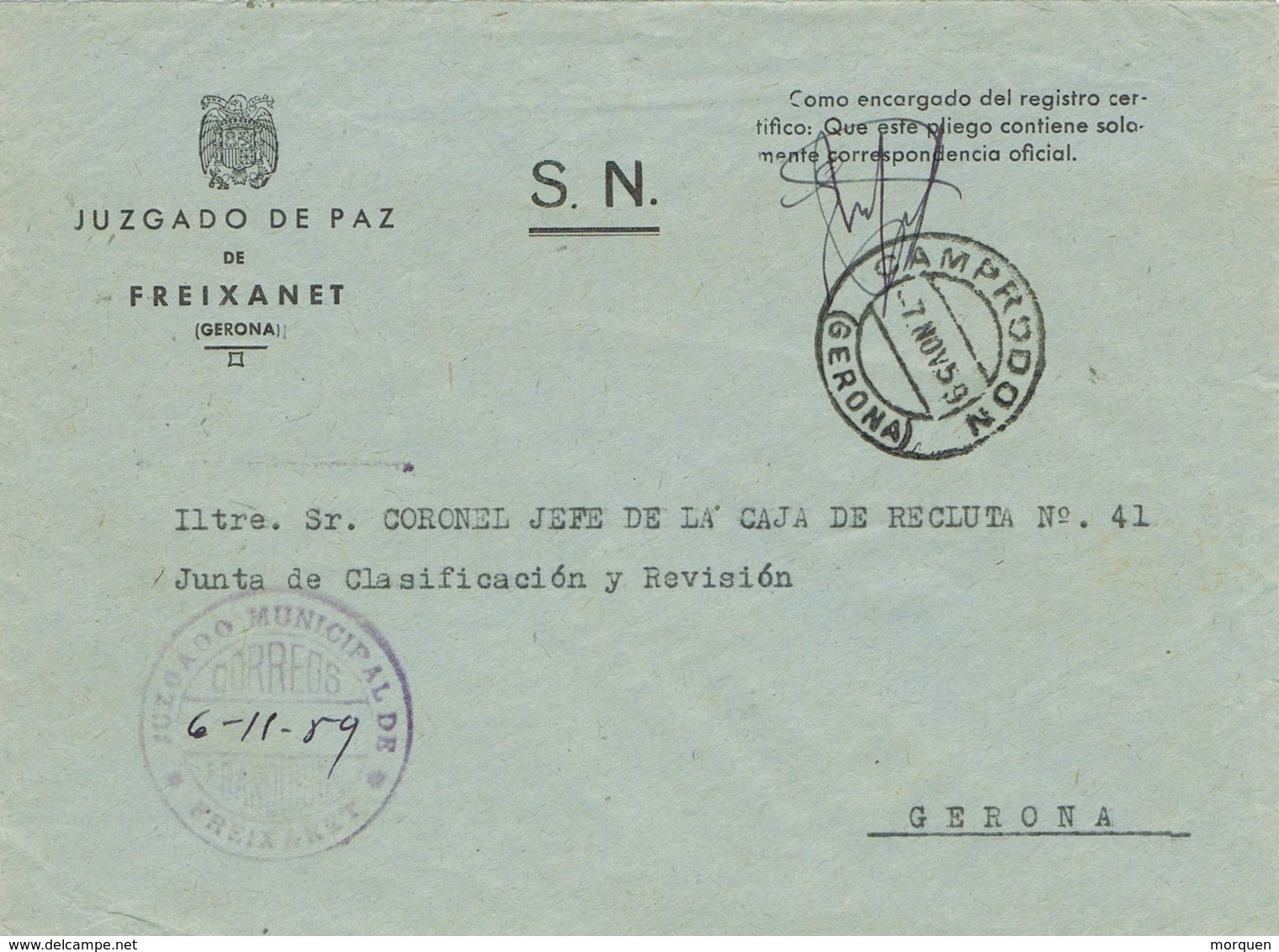 34292. Carta S.N. Franquicia Juzgado Municipal FREIXANET (Gerona) 1959. Fechador Camprodon - Cartas & Documentos