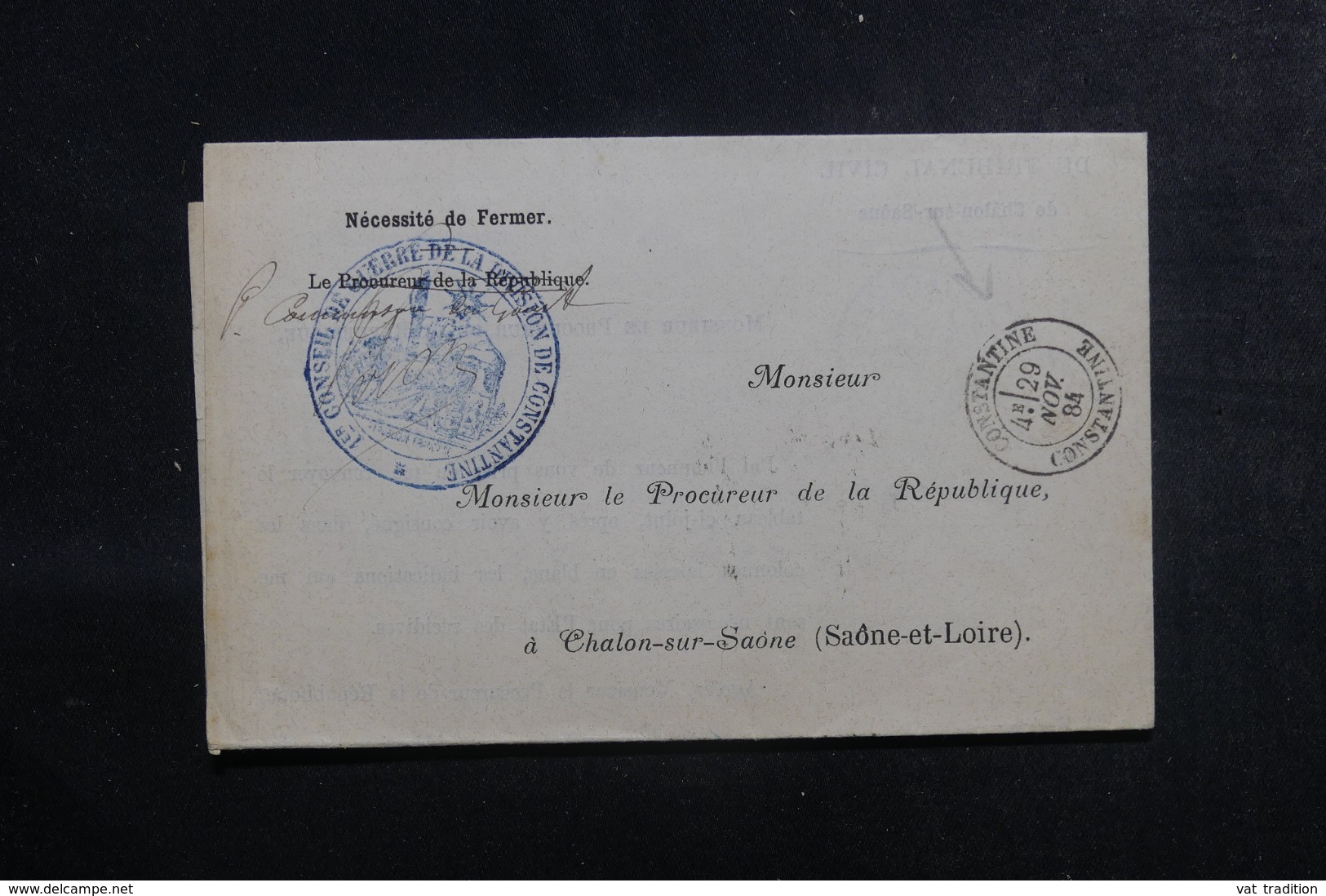 FRANCE / ALGÉRIE - Lettre En Franchise Du Conseil De Guerre De Constantine Pour Chalon / Marne En 1884 - L 44554 - 1877-1920: Période Semi Moderne