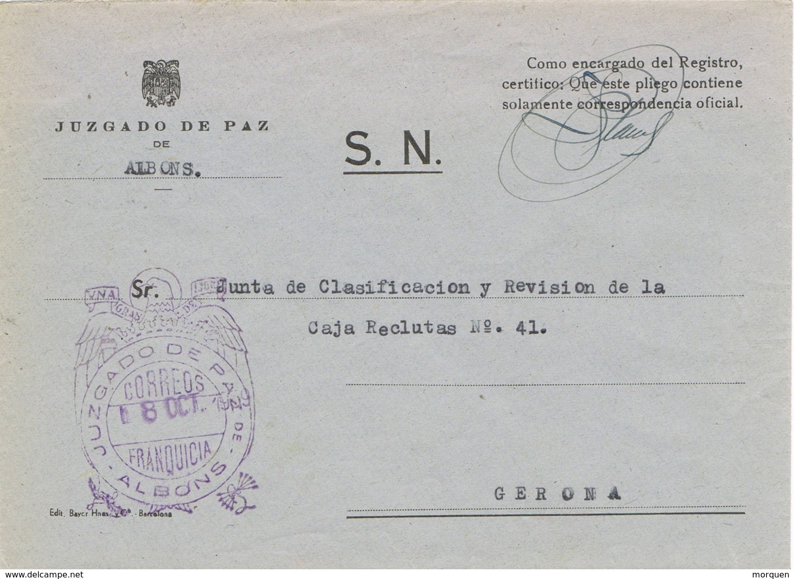 34293. Carta S.N. Franquicia Juzgado De Paz ALBONS (Gerona) 1959. - Cartas & Documentos