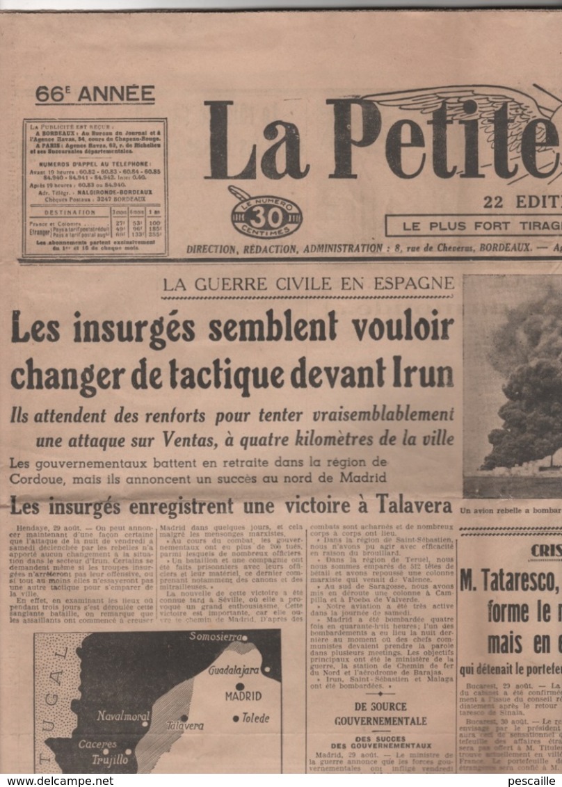 LA PETITE GIRONDE 31 08 1936 - GUERRE ESPAGNE IRUN - ROUMANIE - POLOGNE - CASABLANCA - EGYPTE - LANGON LAULAN - Informations Générales