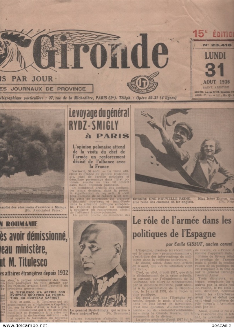 LA PETITE GIRONDE 31 08 1936 - GUERRE ESPAGNE IRUN - ROUMANIE - POLOGNE - CASABLANCA - EGYPTE - LANGON LAULAN - Algemene Informatie