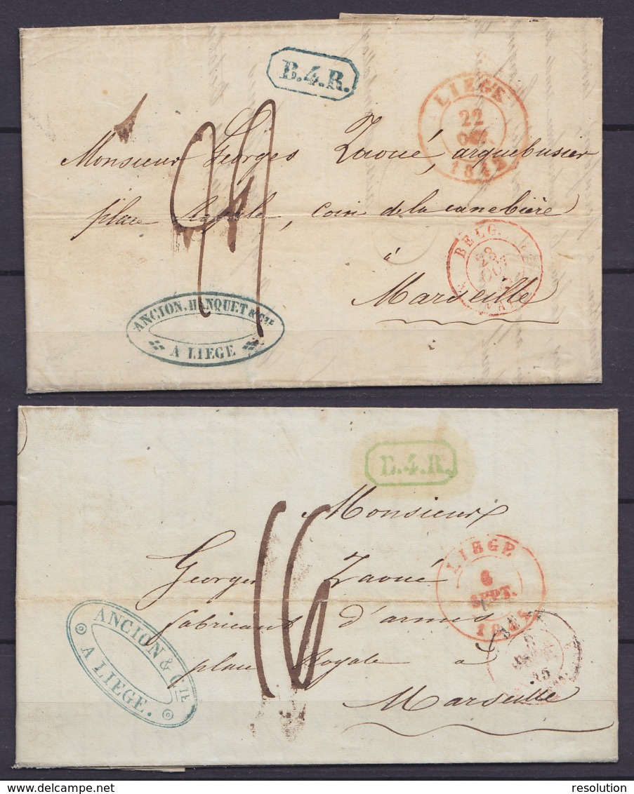 Lot De 2 L. Datées 1842 & 1845 De LIEGE Pour Fabricant D'armes à MARSEILLE Càd LIEGE & Passage "BEL. A VALnes" + Griffe - 1830-1849 (Onafhankelijk België)