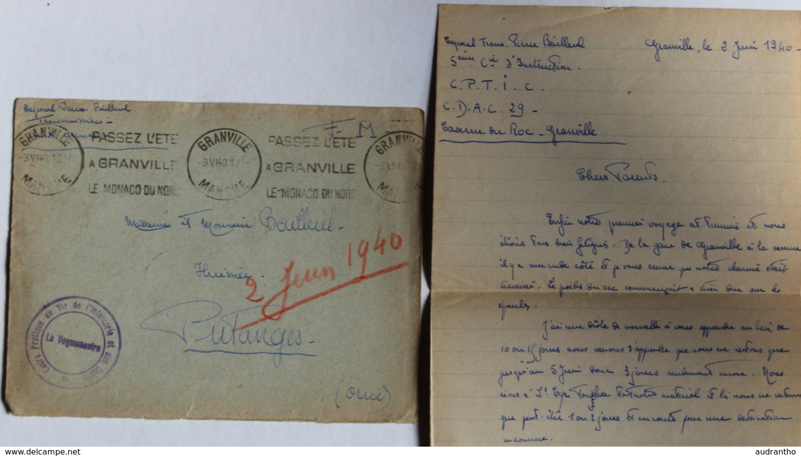 Correspondance Soldat Pierre Bailleul Cours Pratique De Tir De L'Infanterie Et Des Chars Granville 1940 Guerre Putanges - Guerra 1939-45