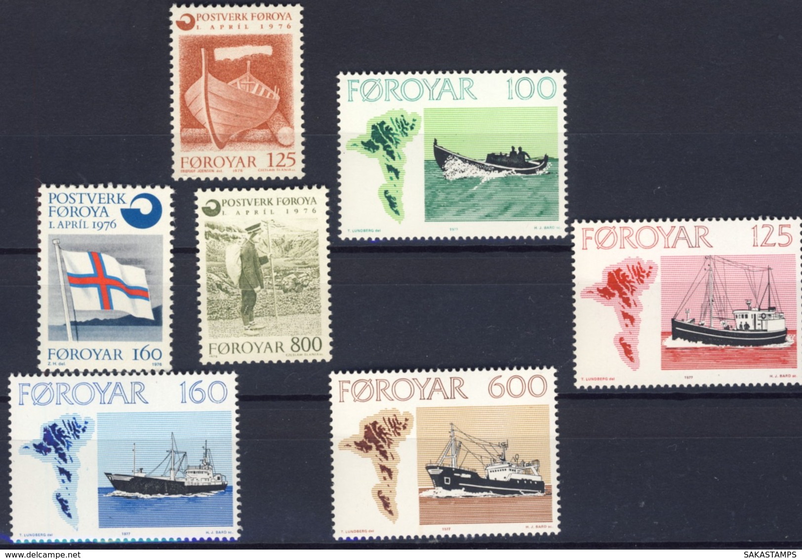 1976/7-(MNH=**) Faeroer 2 Serie 7 Valori Autonomia Postale,pescherecci - Isole Faroer