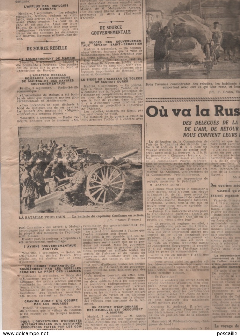 LA PETITE GIRONDE 4 9 1936 - GUERRE ESPAGNE BEHOBIA IRUN - ROUMANIE - SALON DE LA T.S.F. - MULHOUSE - CLARA BOW - RUSSIE - Informations Générales