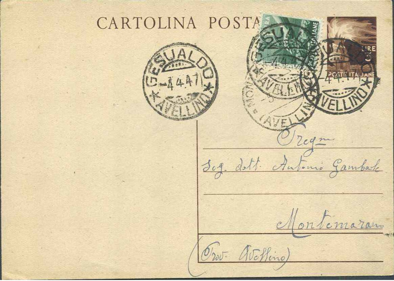 1947-cartolina Postale L.3 Fiaccola Con Affrancatura Aggiunta L.1 Democratica Con Annullo Di Gesualdo-Avellino - Ganzsachen