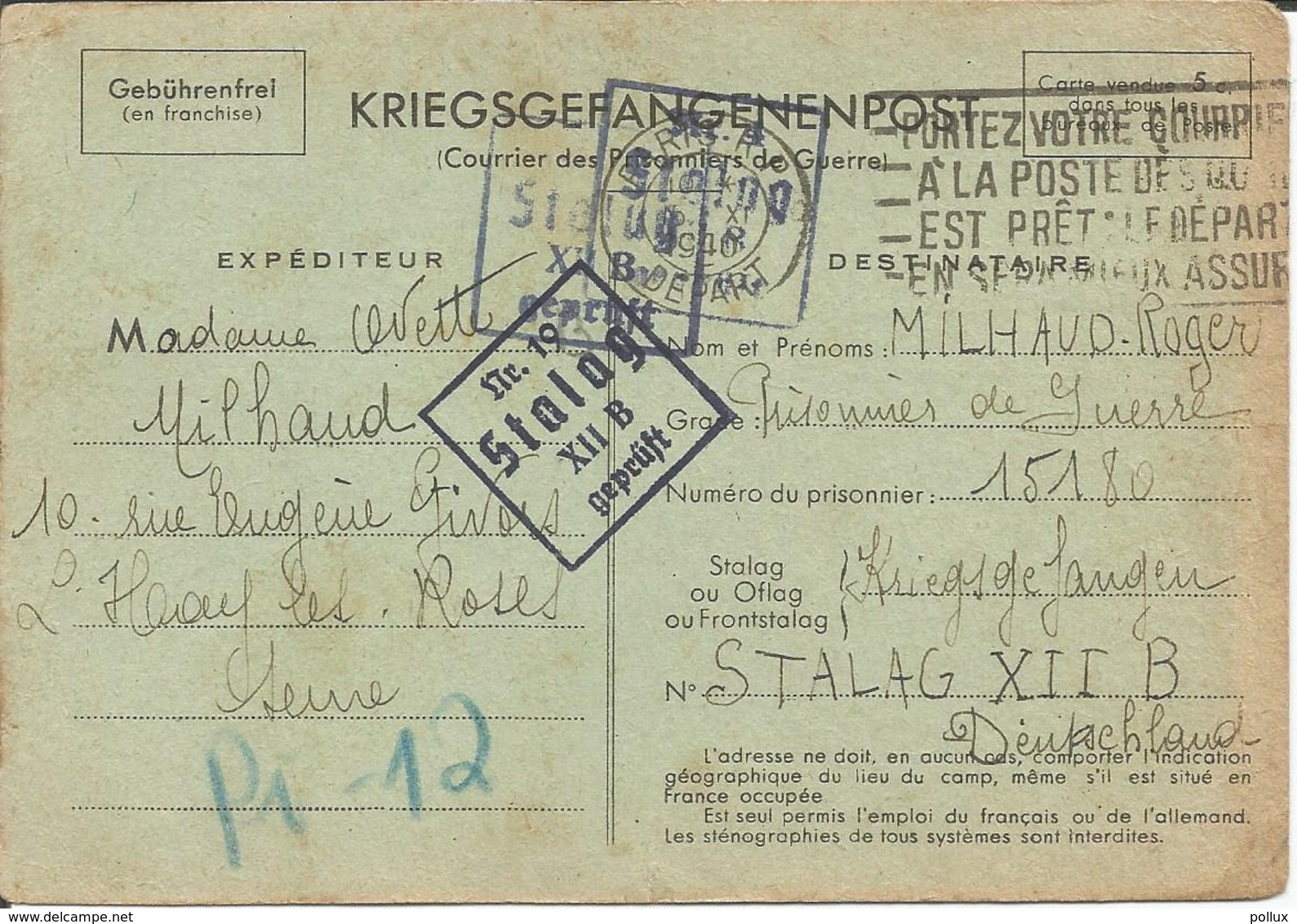 Précurseur Prisonnier De Guerre 1941 Franchise Postale Stalag XII B FRANKENTHAL + Censure Kriegsgefangenenpost - Guerre De 1939-45