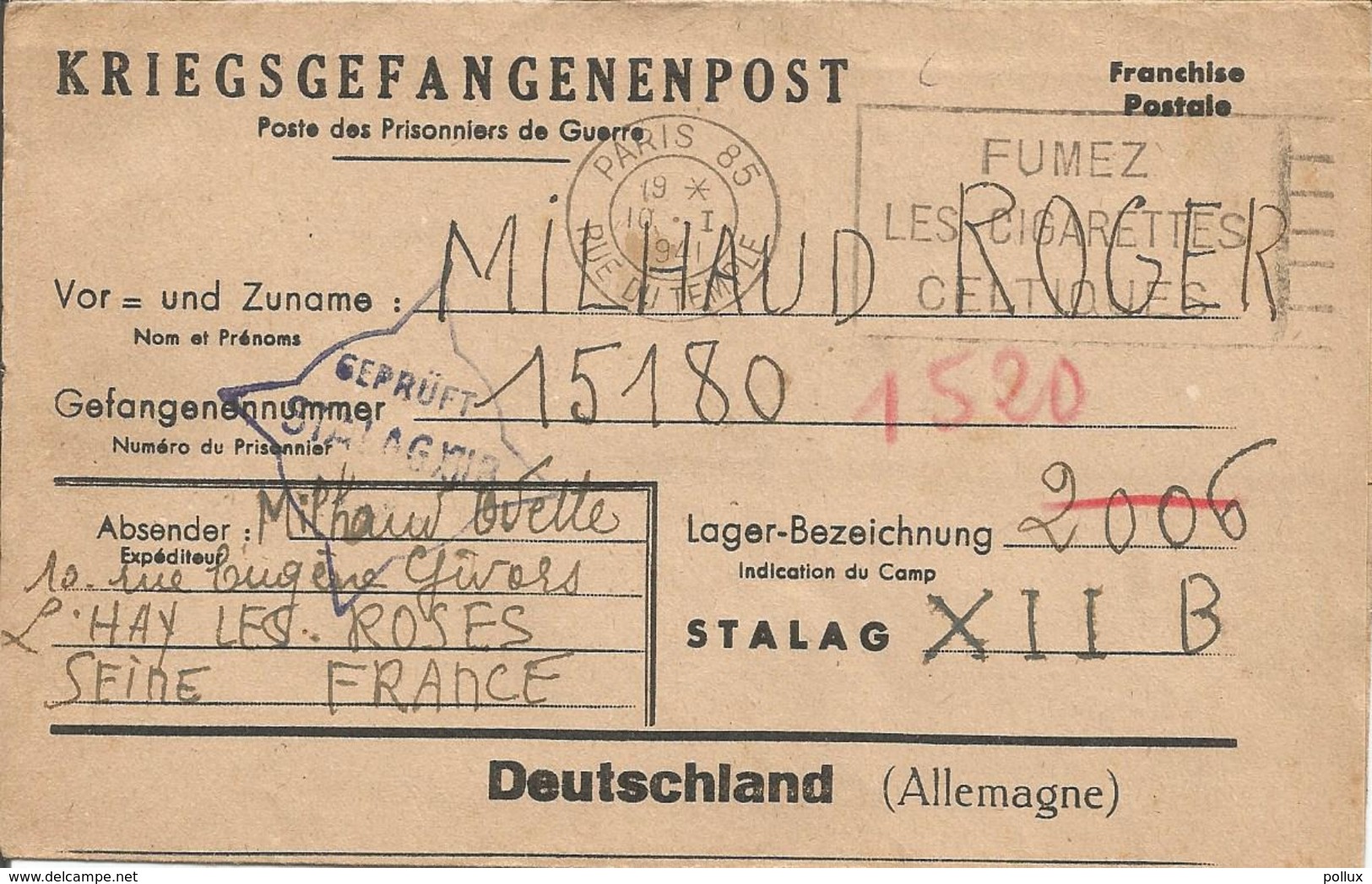 Enveloppe Précurseur Prisonnier De Guerre 1941 Franchise Postale Stalag XII B FRANKENTHAL + Censure Kriegsgefangenenpost - Guerre De 1939-45