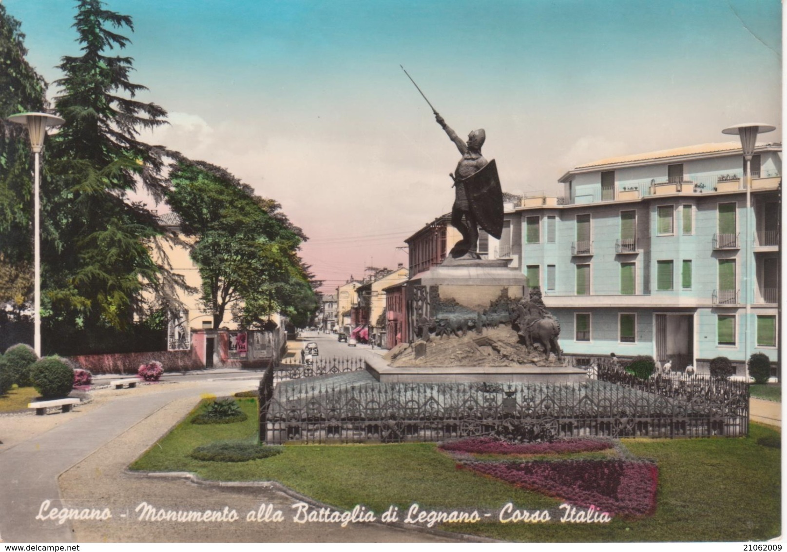 LEGNANO - MONUMENTO ALLA BATTAGLIA DI LEGNANO - CORSO ITALIA - CARTOLINA ACQUARELLATA - VIAGGIATA 1961 - Legnano