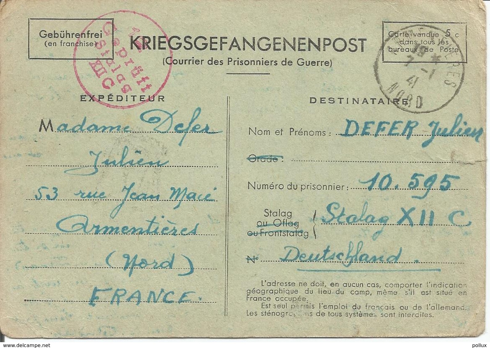Précurseur Prisonnier De Guerre 1941 Franchise Postale Stalag XII C WIEBELSHEIM + Censure Kriegsgefangenenpost - Guerre De 1939-45
