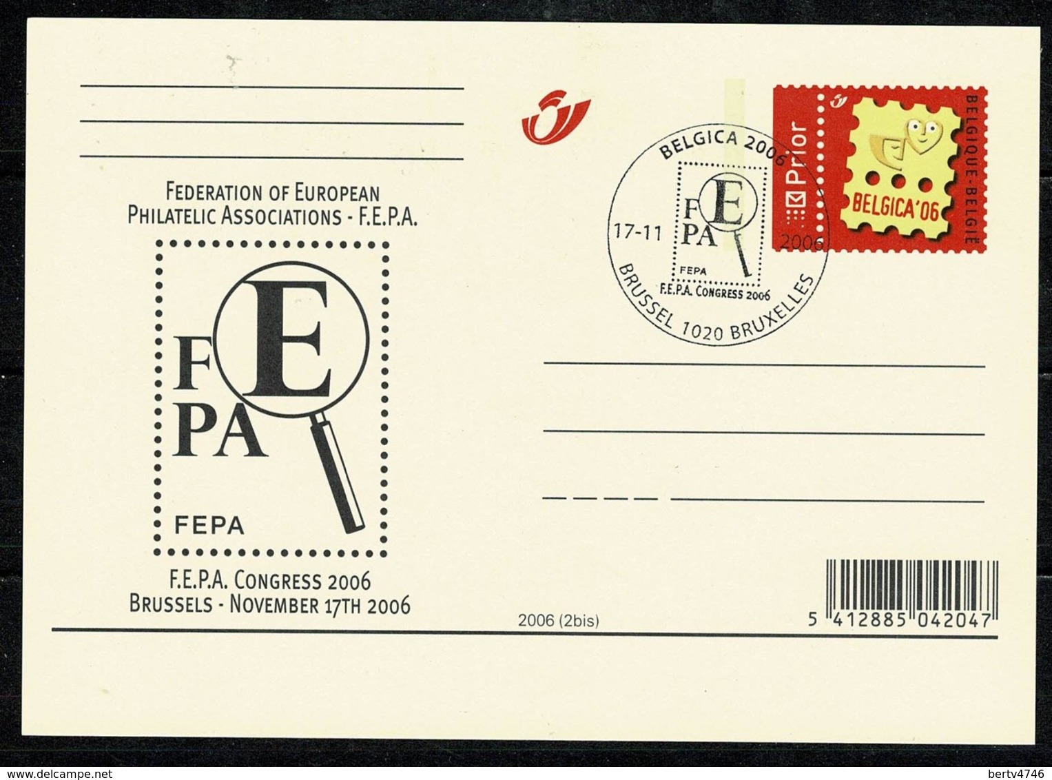 Belg. 2006 - CP/PK  Belgica '06 - FEPA Congress Brussels November 17th 2006 - Cartes Postales 1951-..