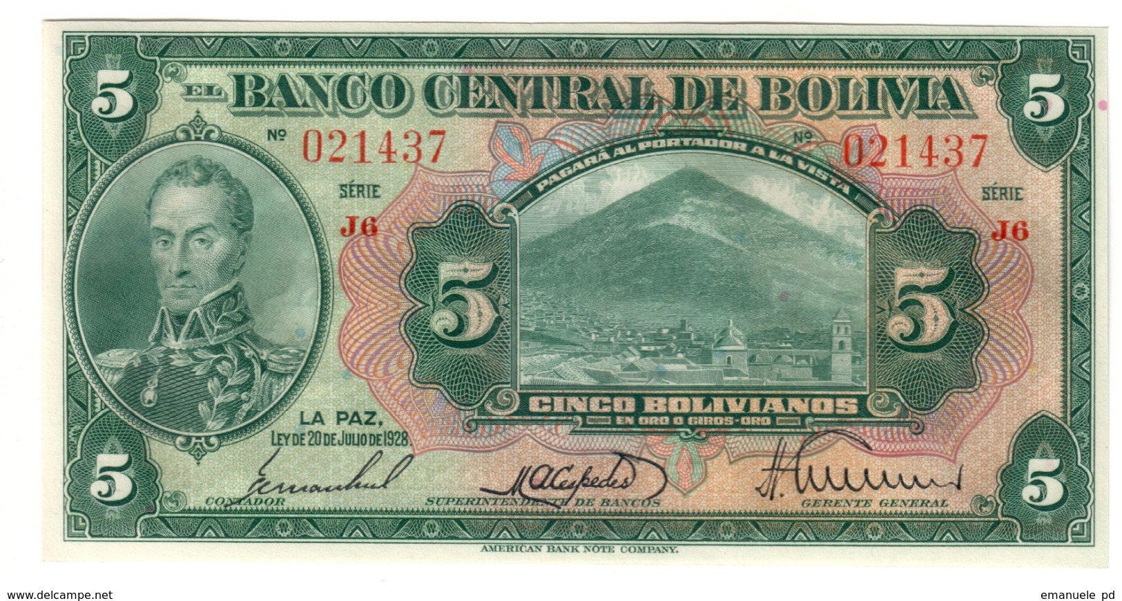 BOLIVIA	5	BOLIVIANOS	20/07/1928	P120	UNC			.CV. - Bolivia