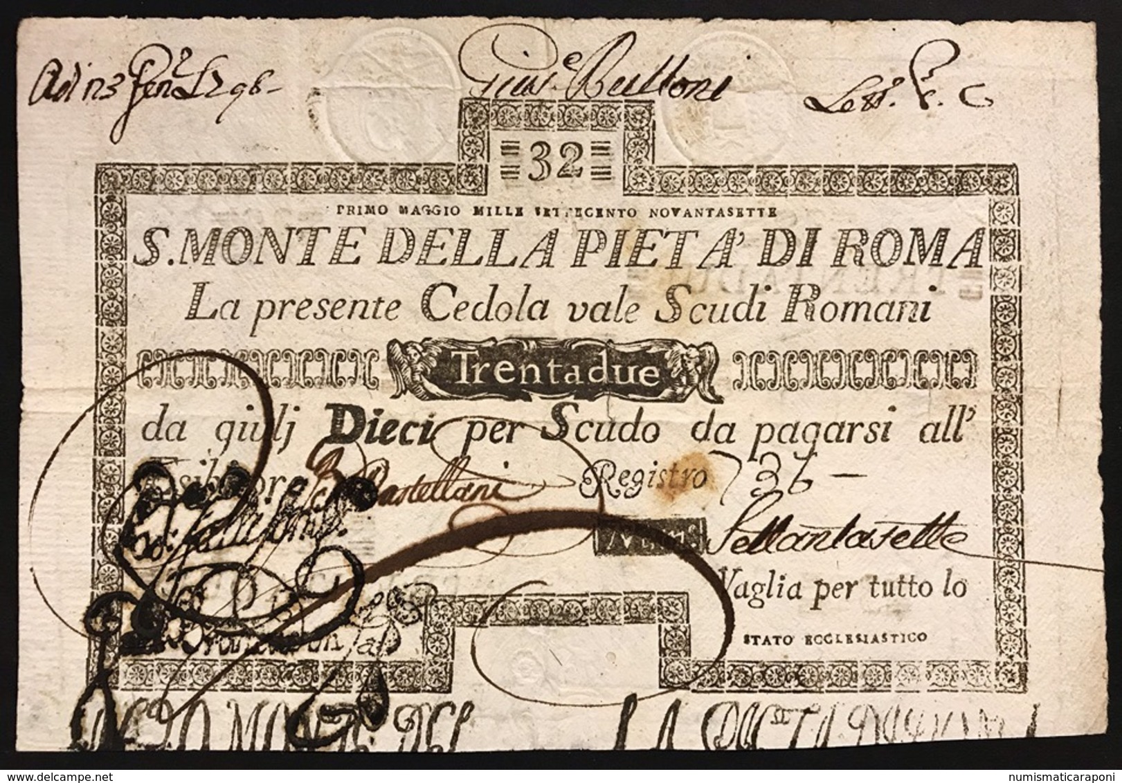 SACRO MONTE DI PIETA' ROMA 01 05 1797 32 SCUDI Ottimo Esemplare Bb+ Taglietto Rara LOTTO 2967 - Altri & Non Classificati