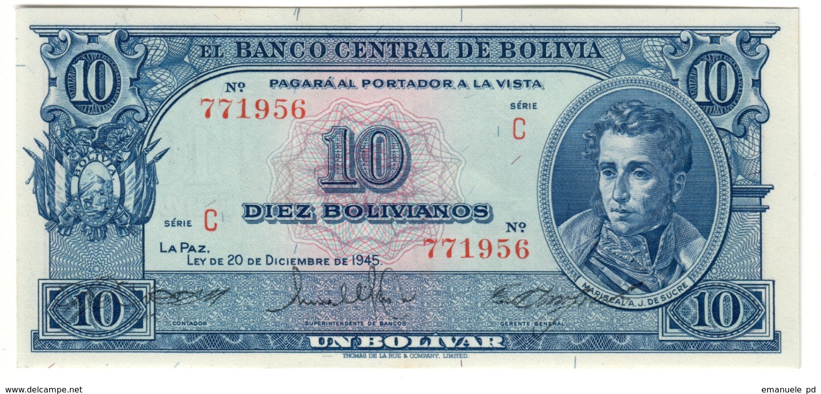 BOLIVIA	10	BOLIVIANOS	20/12/1945	P139	UNC	No Overprint - 138C		.CV. - Bolivia