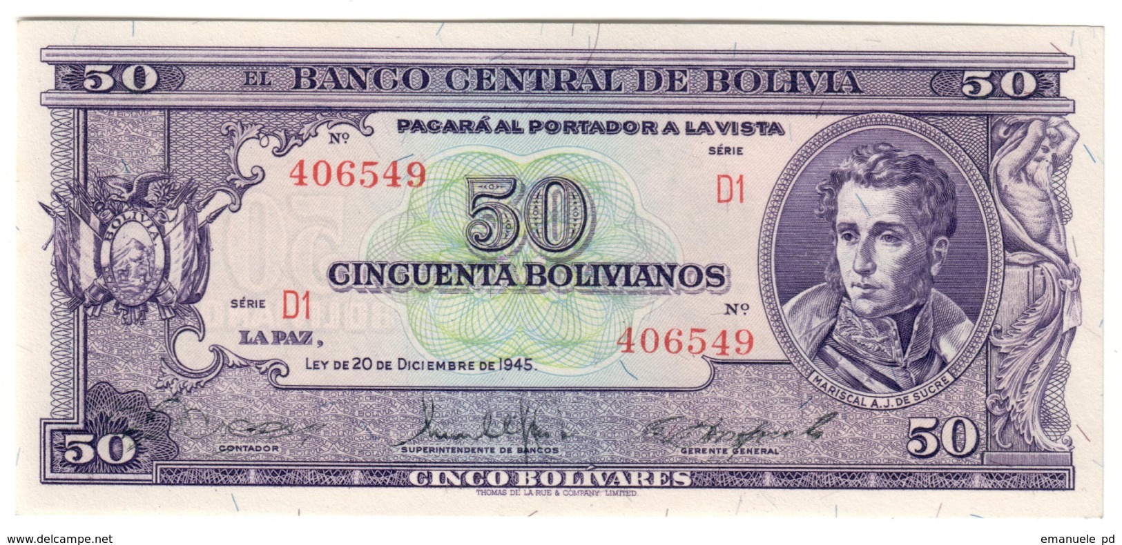 BOLIVIA	50	BOLIVIANOS	20/12/1945	P141	UNC			.CV. - Bolivia