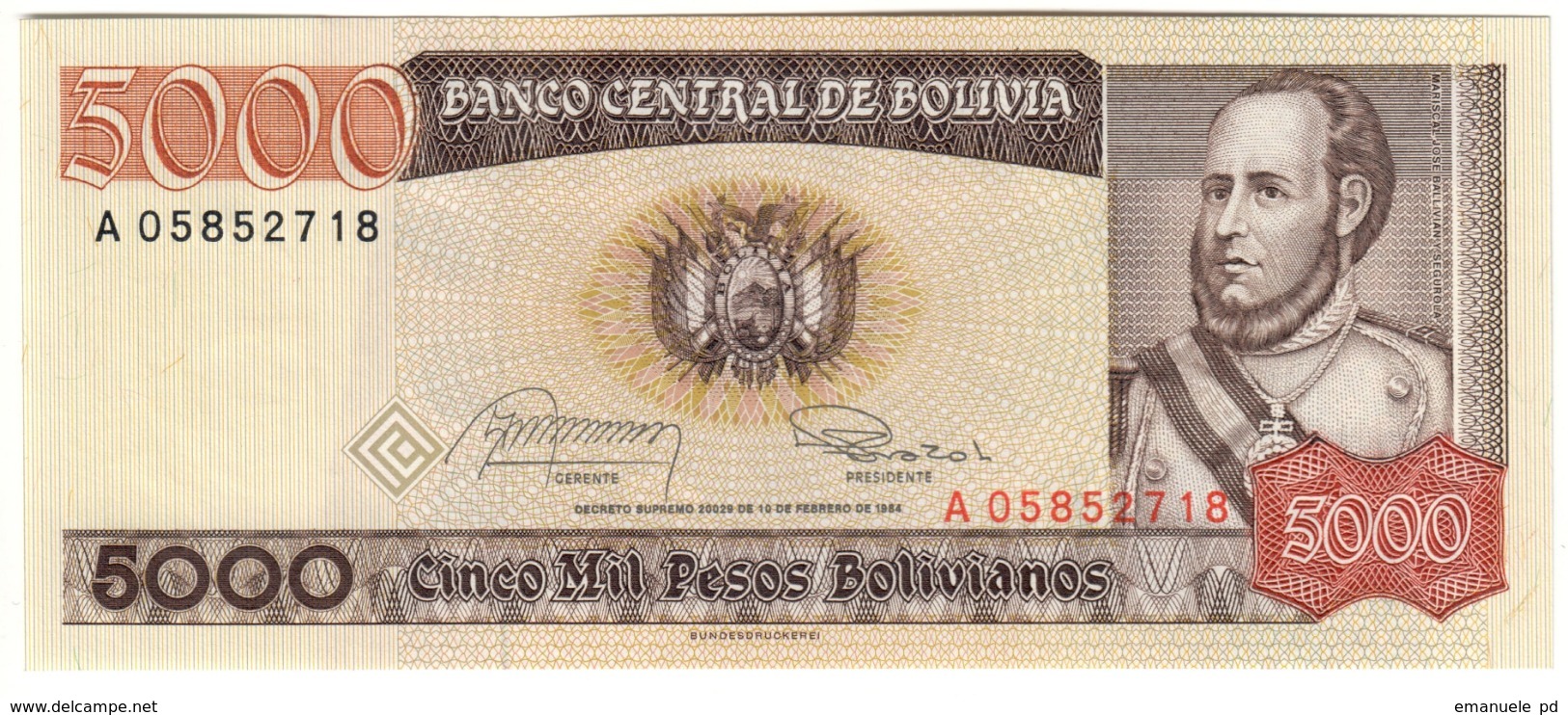 BOLIVIA	5000	PESOS BOLIVIANOS	10/02/1984	P168	UNC			.CV. - Bolivia