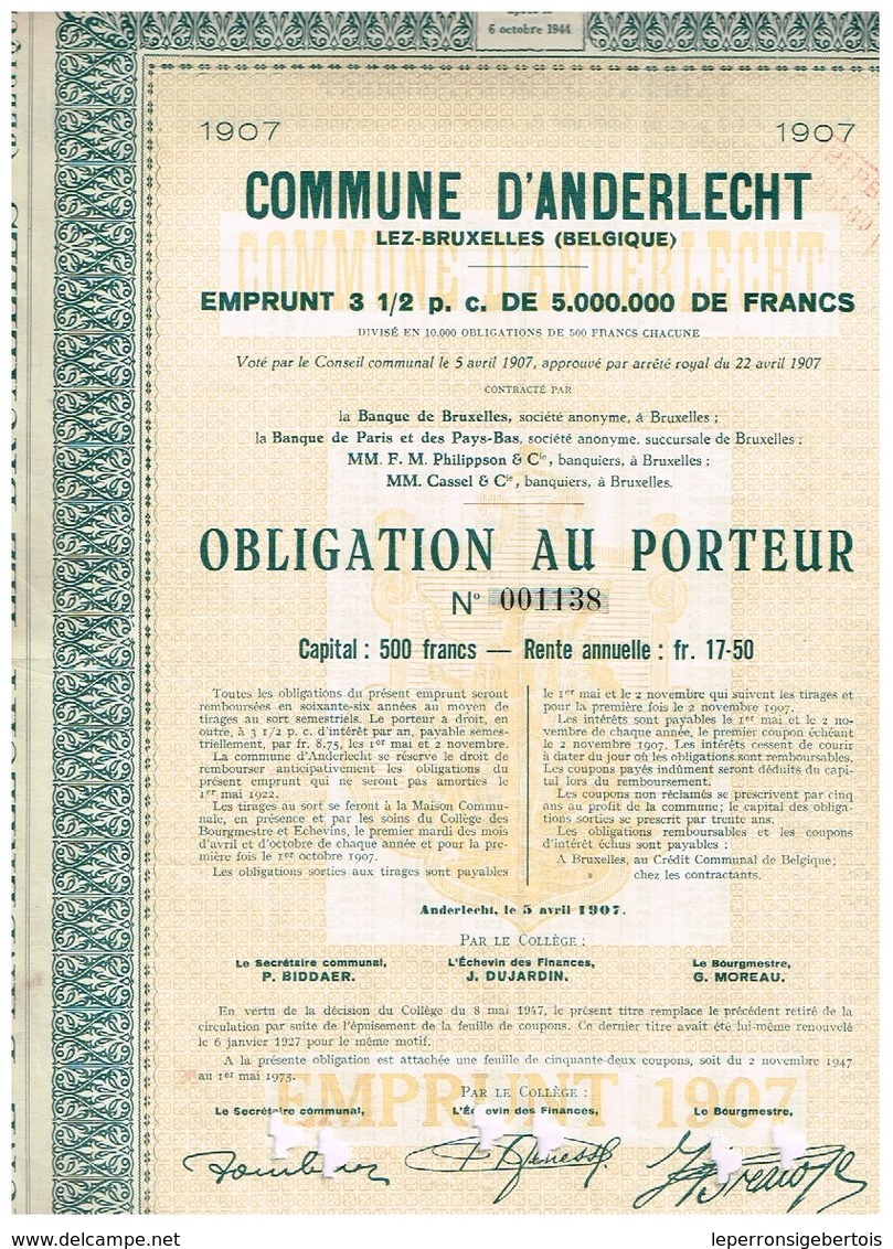 Obligation Ancienne - Commune D'Anderlecht - Emprunt De 3 1/2% De 5.000.000 De Francs 1907 N° 001425 - A - C