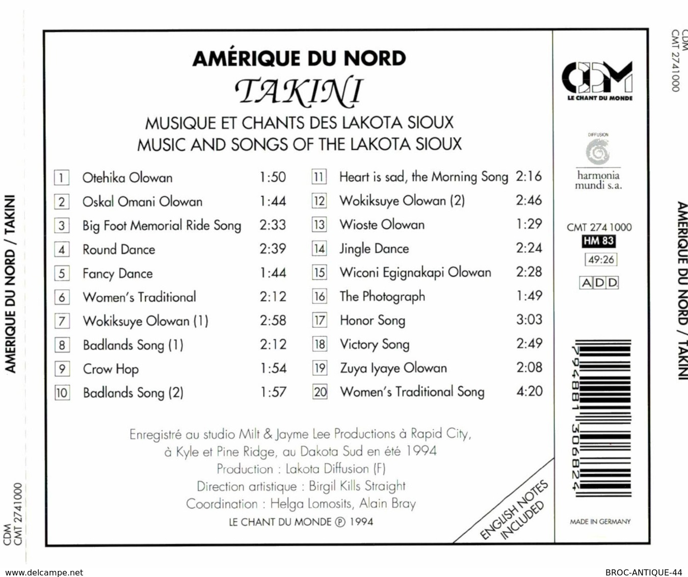 CD N°2557 - AMERIQUE DU NORD - TAKINI - MUSIQUE ET CHANTS DES LAKOTA SIOUX -  COMPILATION 10 TITRES - World Music