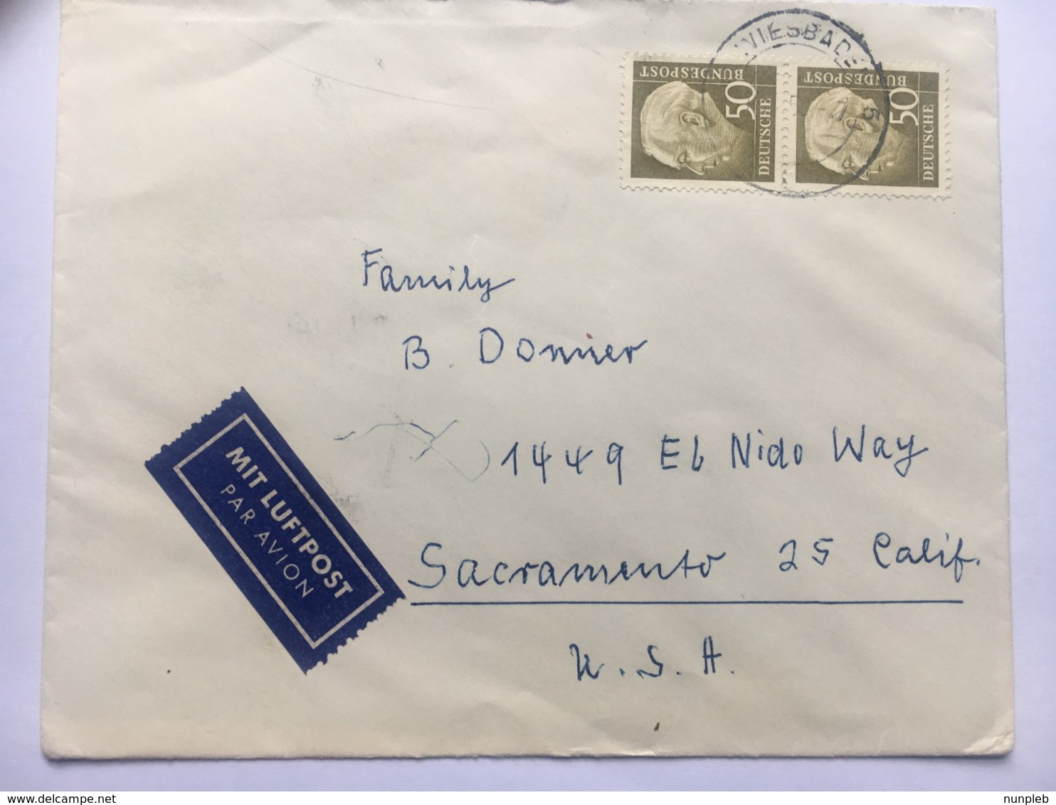 GERMANY 1956 Air Mail Cover Weisbaden To Sacramento USA - Briefe U. Dokumente