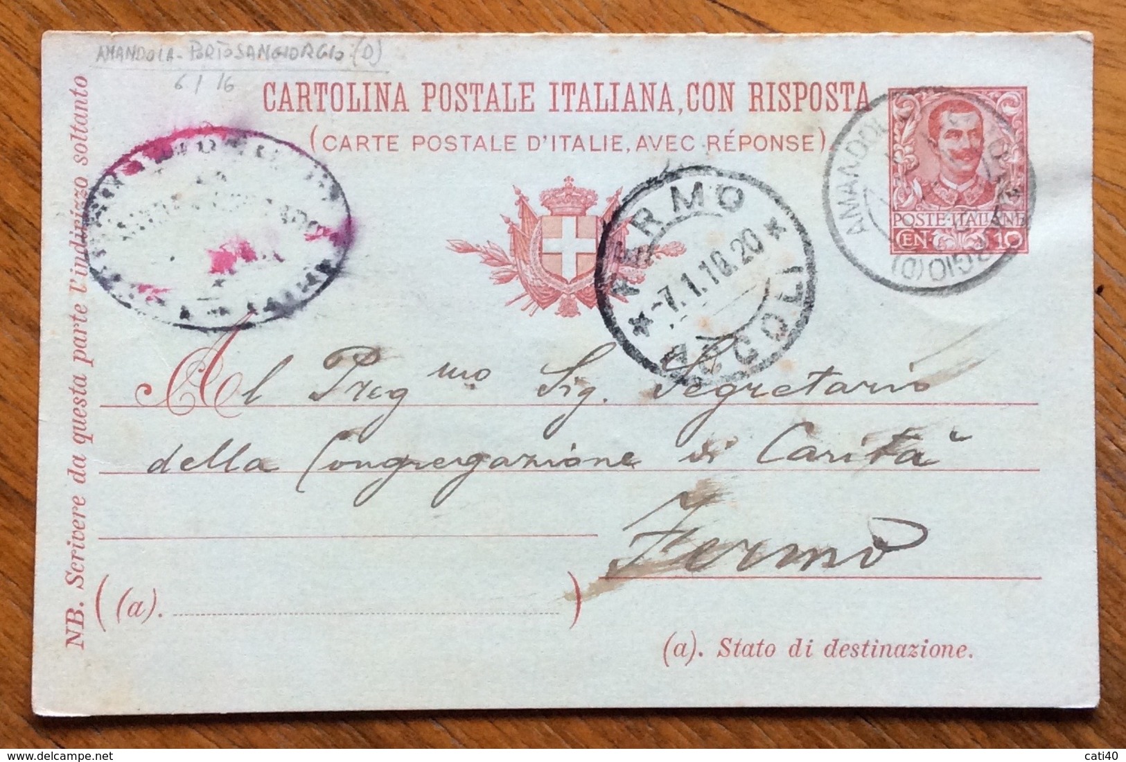 AMBULANTE AMANDOLA-PORTOS.GIORGIO (D) 7/1/16  SU CARTOLINA POSTALE C.R.P. 10 C. (C 32) PER FERMO - Storia Postale