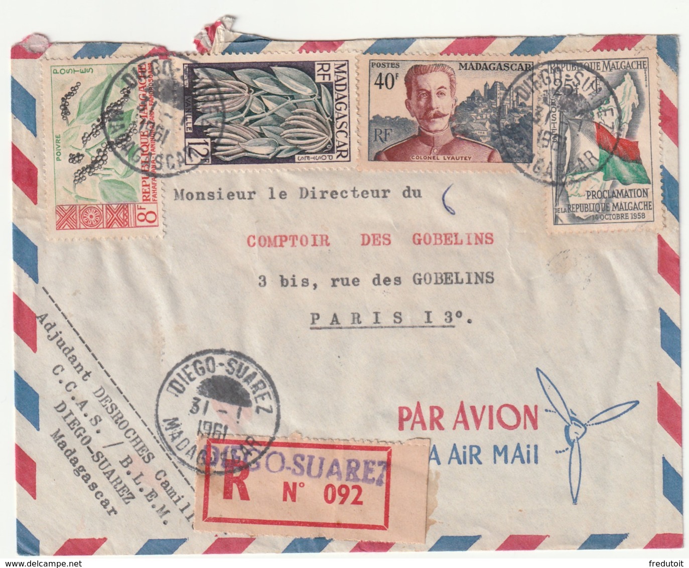 MADAGASCAR - LETTRE Recommandée : Diego-Suarez  Le 31/01/1961 - Madagascar (1960-...)