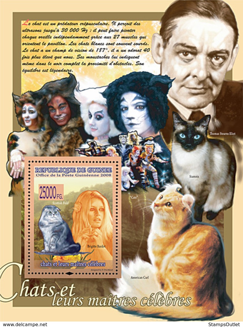 Guinea 2008 MNH - FAUNA- Cats & Their Masters: BScotish Fold, Brigitte Bardot, Thomas S.Eliot. YT 834, Mi 5606/BL1538 - Guinea (1958-...)