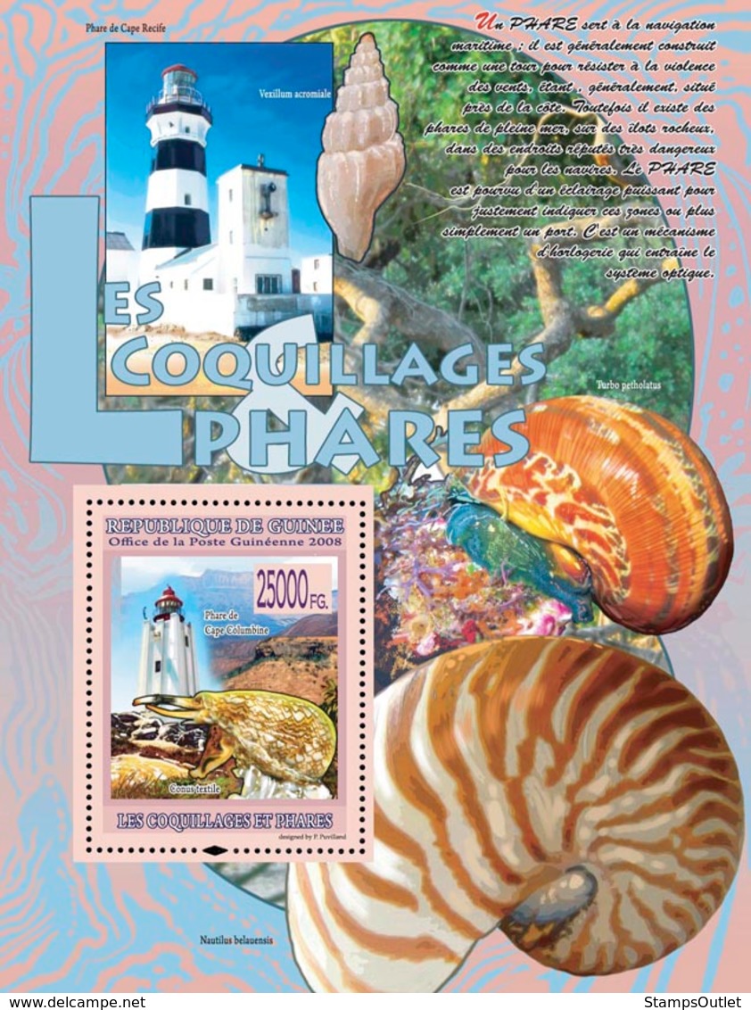 Guinea 2008 MNH - FAUNA- Lighthouses & Shells: Phare De Cape Columbine & Conus Textile. YT 863, Mi 5491/BL1507 - Guinea (1958-...)