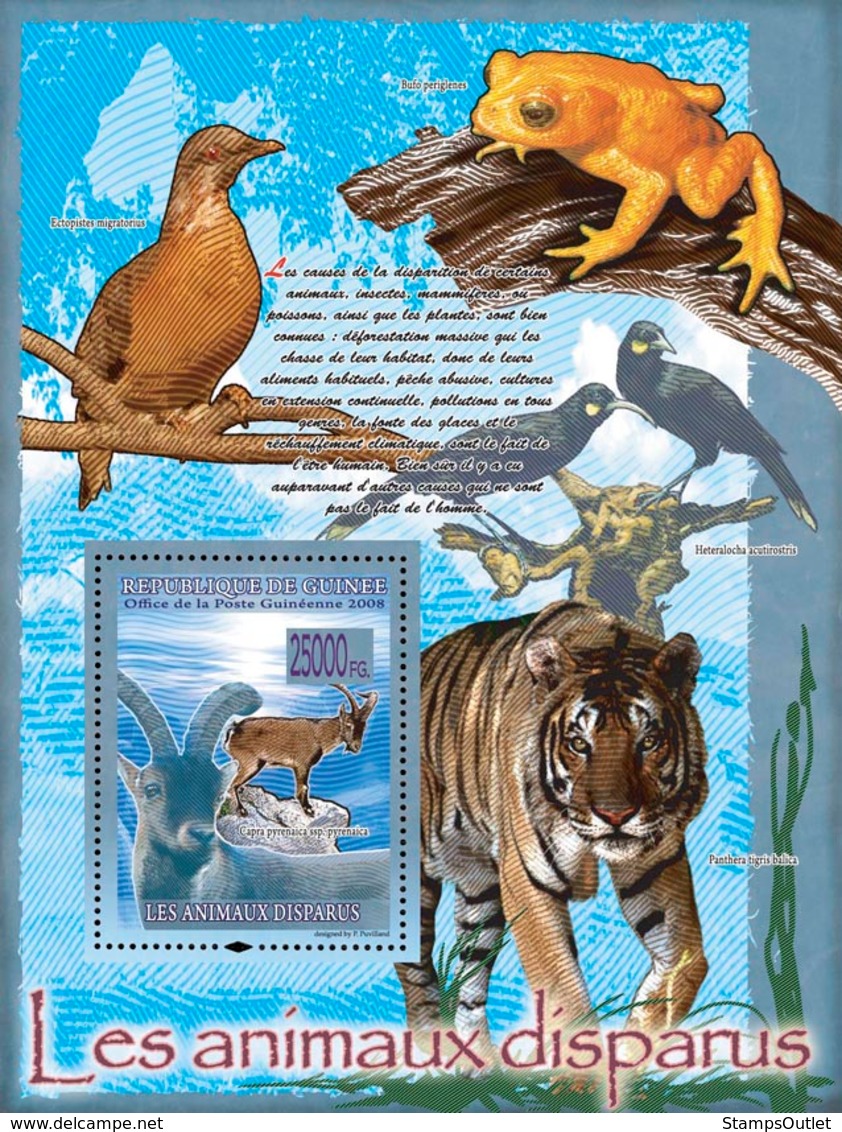 Guinea 2008 MNH - FAUNA- Disappeared Animals: Capra Pyrenaica Ssp. Pyrenaica (tiger, Birds, Frog. YT 866, Mi 5523/BL1515 - Guinée (1958-...)