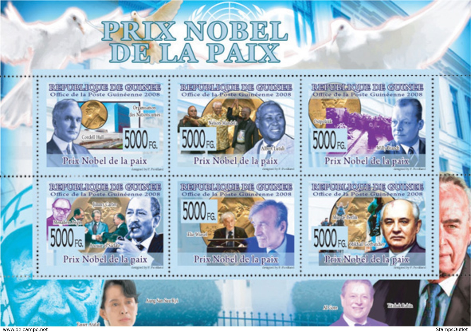 Guinea 2008 MNH -Nobel Prize Of Peace: C.Hull, N.Mandela, A.Lutulli, W.Brandt, J.Carter. YT 3804-3809, Mi 5943-5948 - Guinea (1958-...)