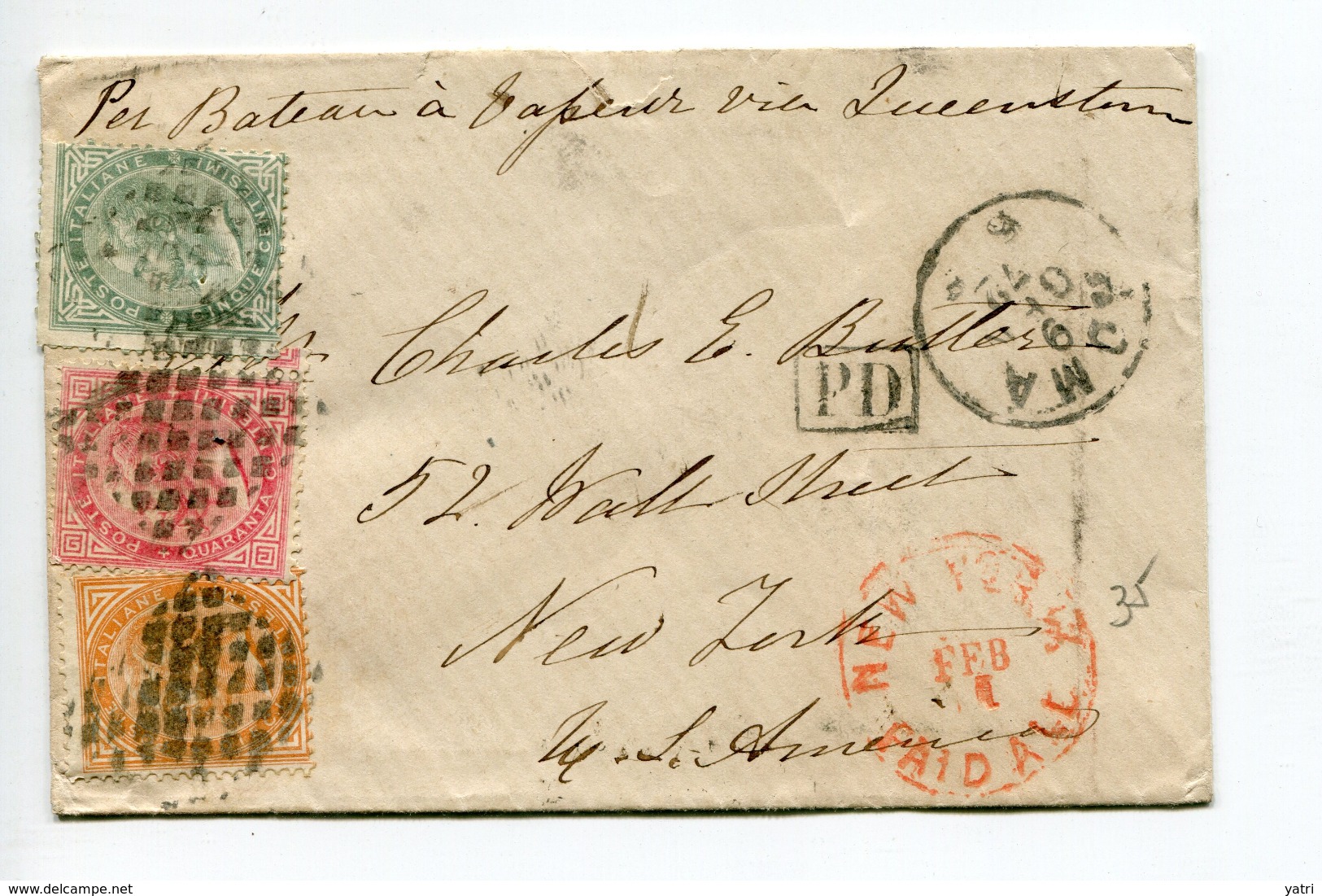 Regno D'Italia (1872) - Annullo Muto A Rombi Di Roma Su Tricolore Per New York - Storia Postale