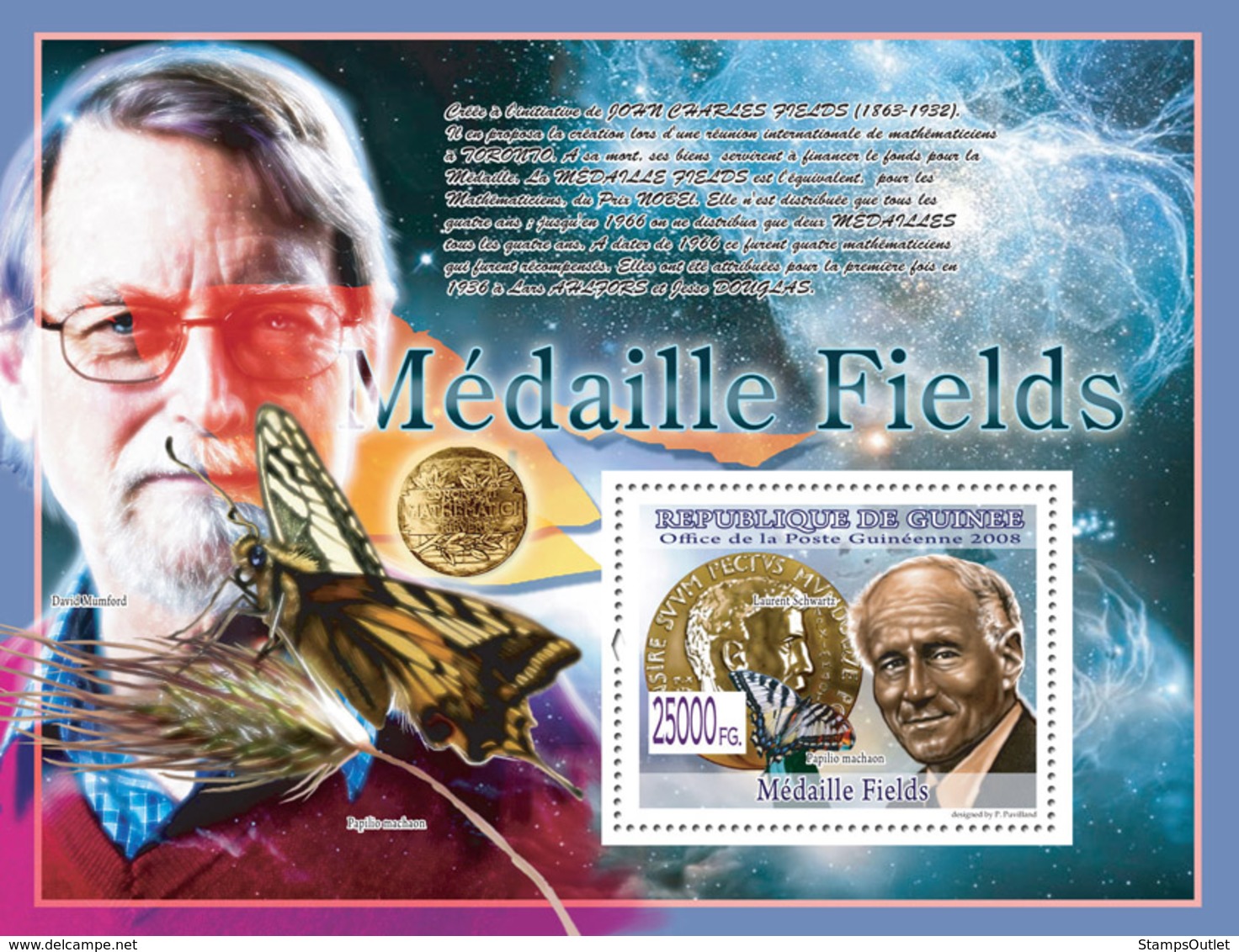 Guinea 2008 MNH-MEDAILE WINNERS: Laurent Scwartz, Butterflies (David Mumford). YT 940, Mi 5940/BL1592 - Guinee (1958-...)