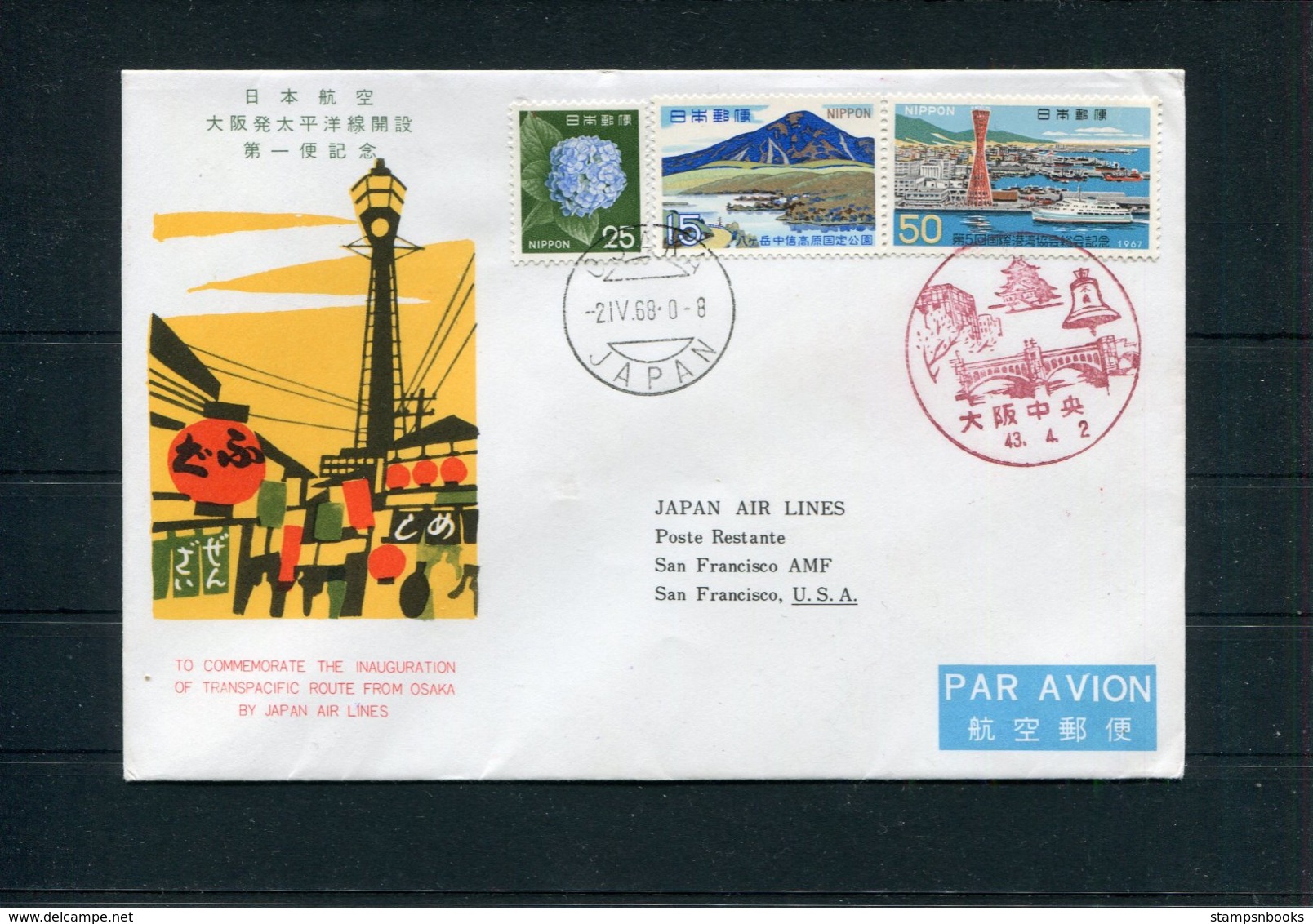 1968 Japan Air Lines JAL First Flight Cover Osaka - San Francisco, USA - Corréo Aéreo