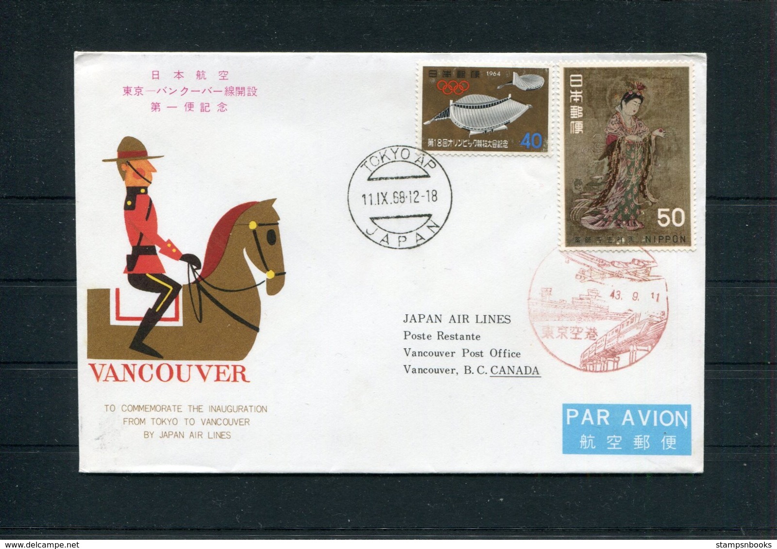 1968 Japan Air Lines JAL First Flight Cover Tokyo - Vancouver Canada Mountie - Posta Aerea