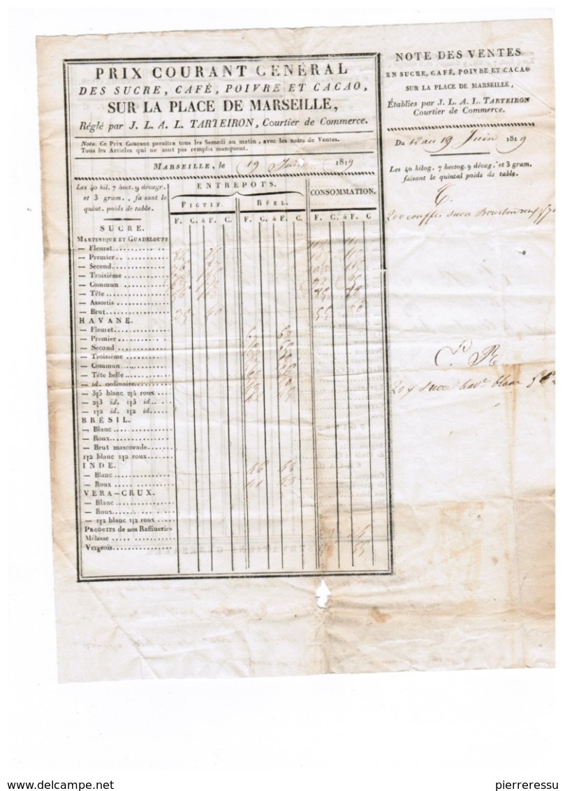 TARTEIRON MARSEILLE FACTURE TARIF SUCRE CAFE POIVRE ET CACAO 1819 - 1800 – 1899