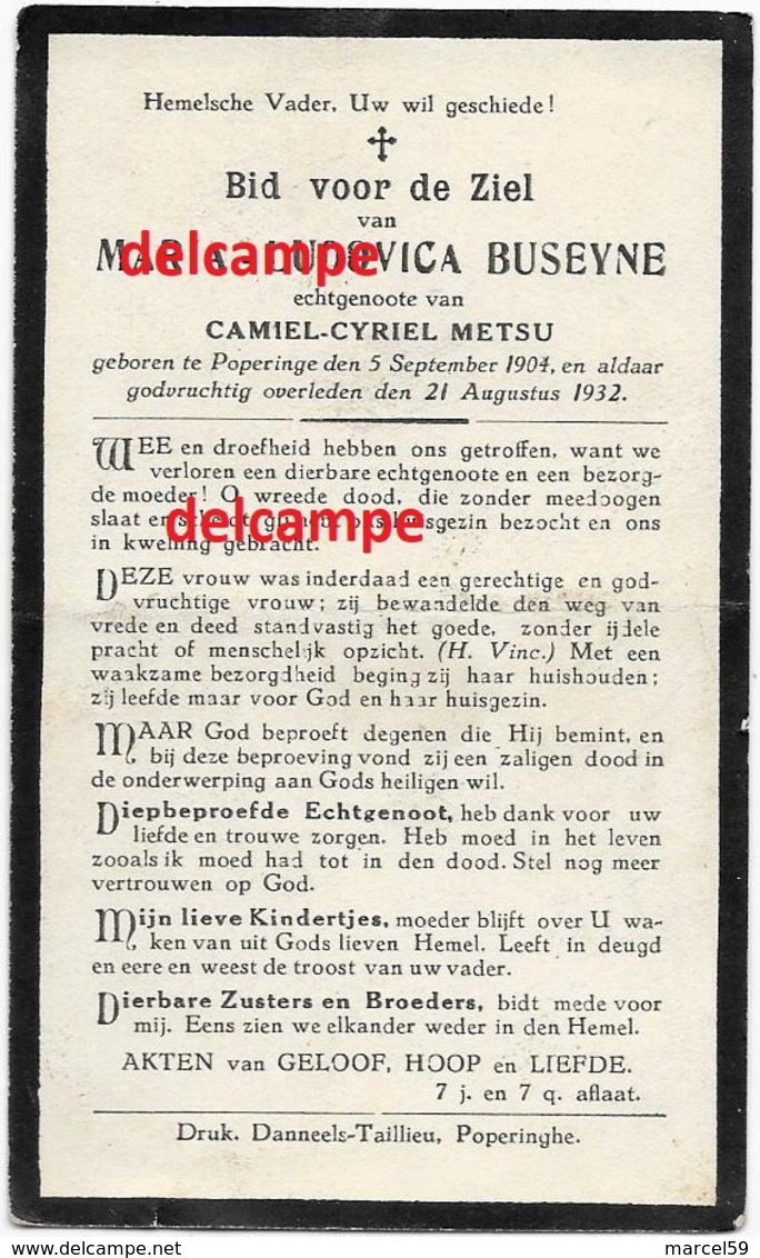 DOODSPRENTJE Maria Buseyne Poperinge 1904 En Aldaar Overleden 1932 Metsu Camiel Bidprentje - Santini