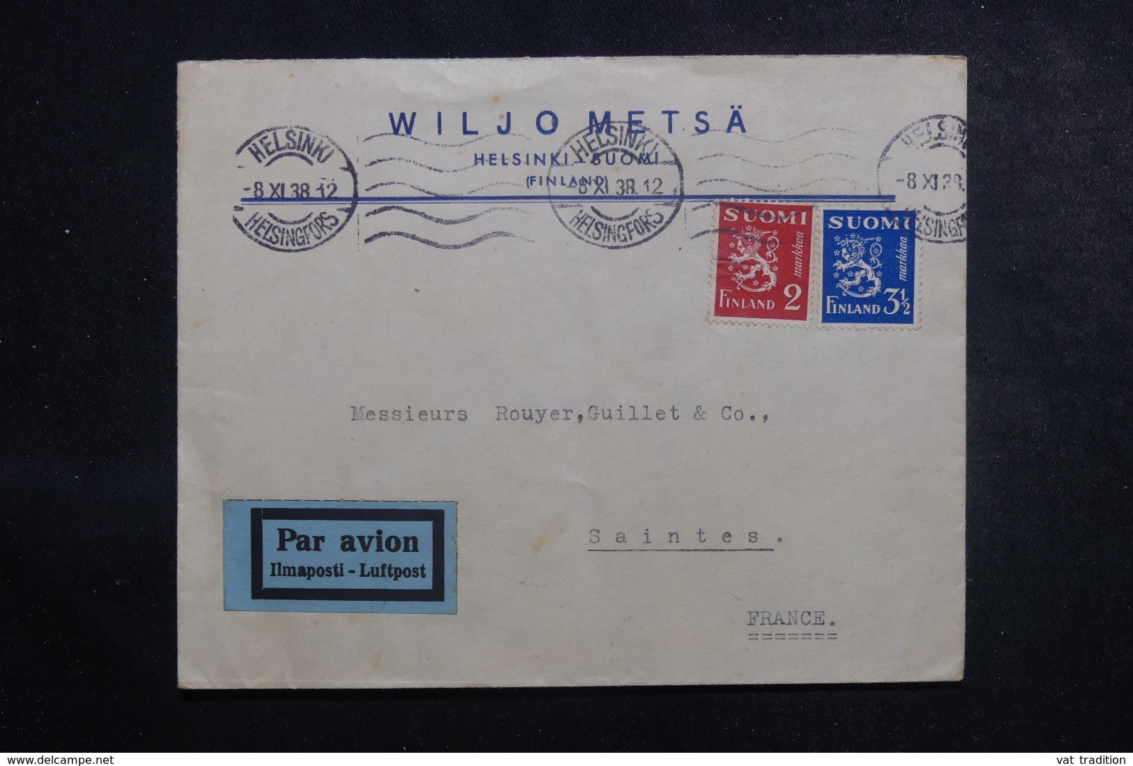 FINLANDE - Enveloppe Commerciale De Helsinki Pour La France En 1938 Par Avion, Affranchissement Plaisant - L 44640 - Covers & Documents