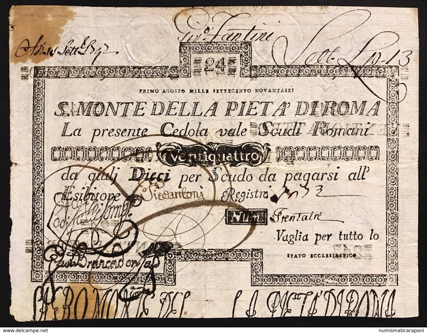 SACRO MONTE DI PIETA' ROMA 01 08 1796 24 SCUDI Ottimo Esemplare Bb+ Forellini E Macchie R2 LOTTO 2981 - Altri & Non Classificati